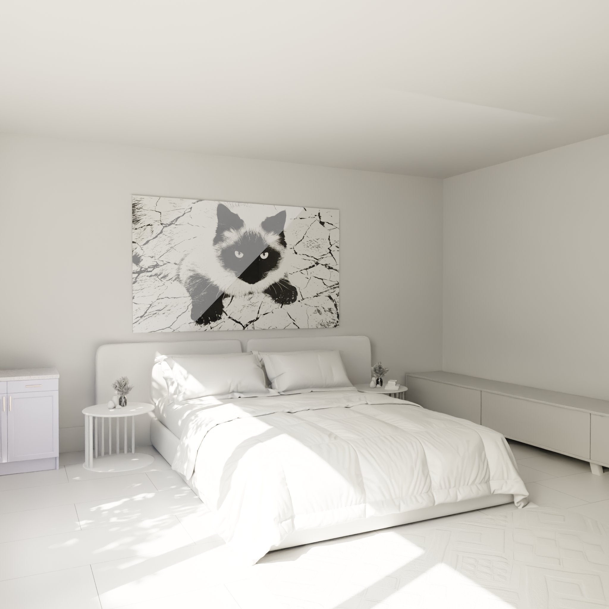 Wanddekoration Siamkatze schwarz-weiß im modernen Schlafzimmer mit gemütlicher und eleganter Atmosphäre