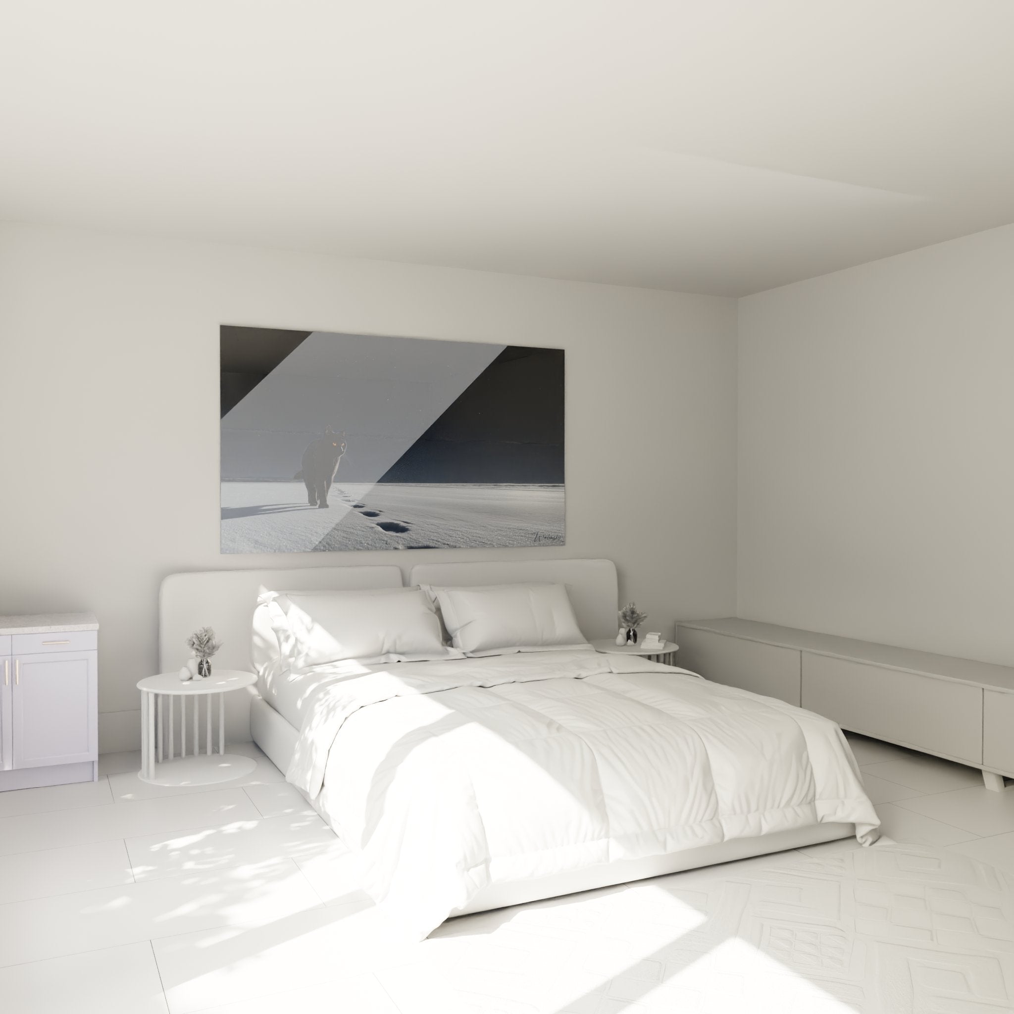 Decoration chambre tableau chat noir dans neige etoilee, ambiance moderne et chaleureuse