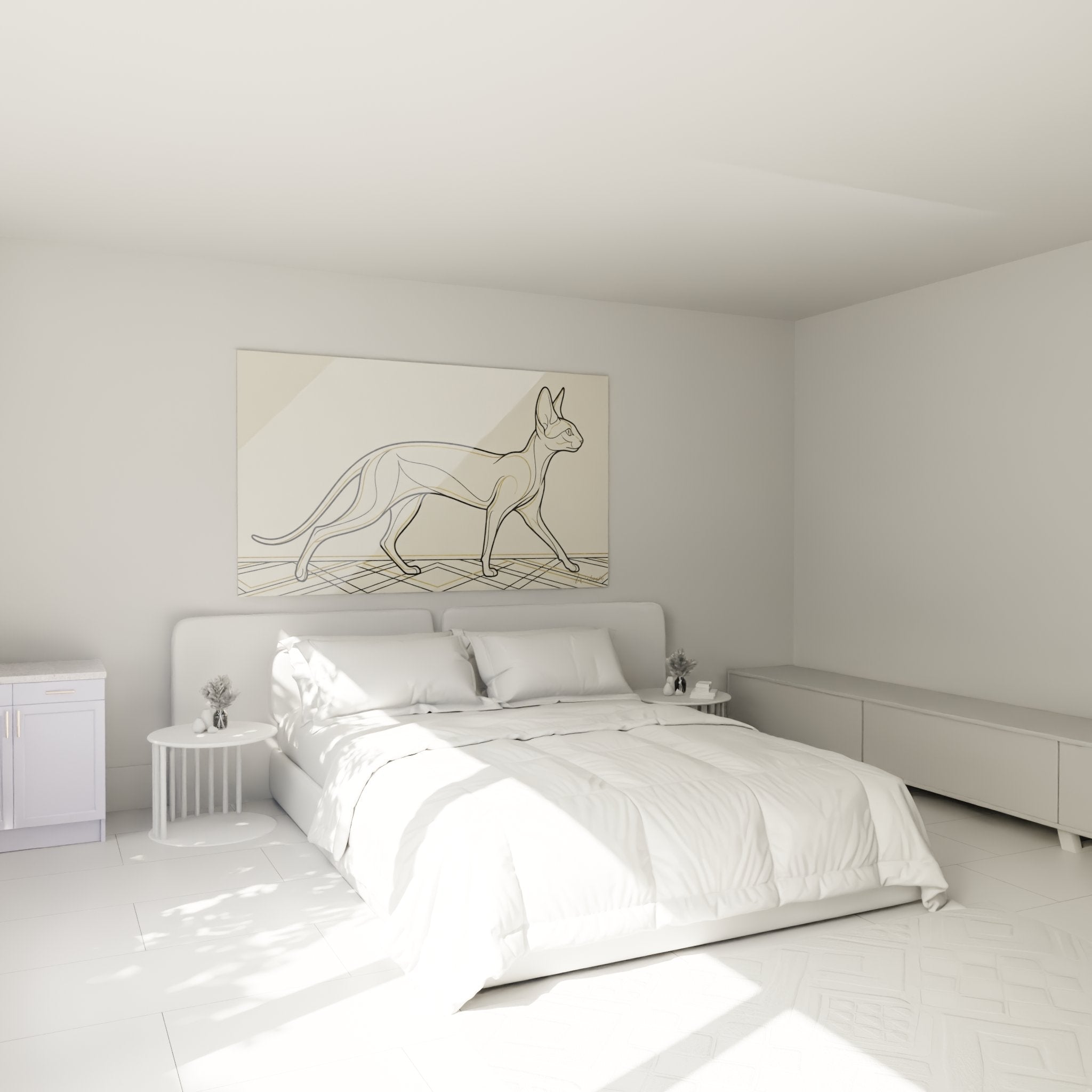 Modern bedroom with minimalist Cornish Rex cat wall art, contemporary feline decoration