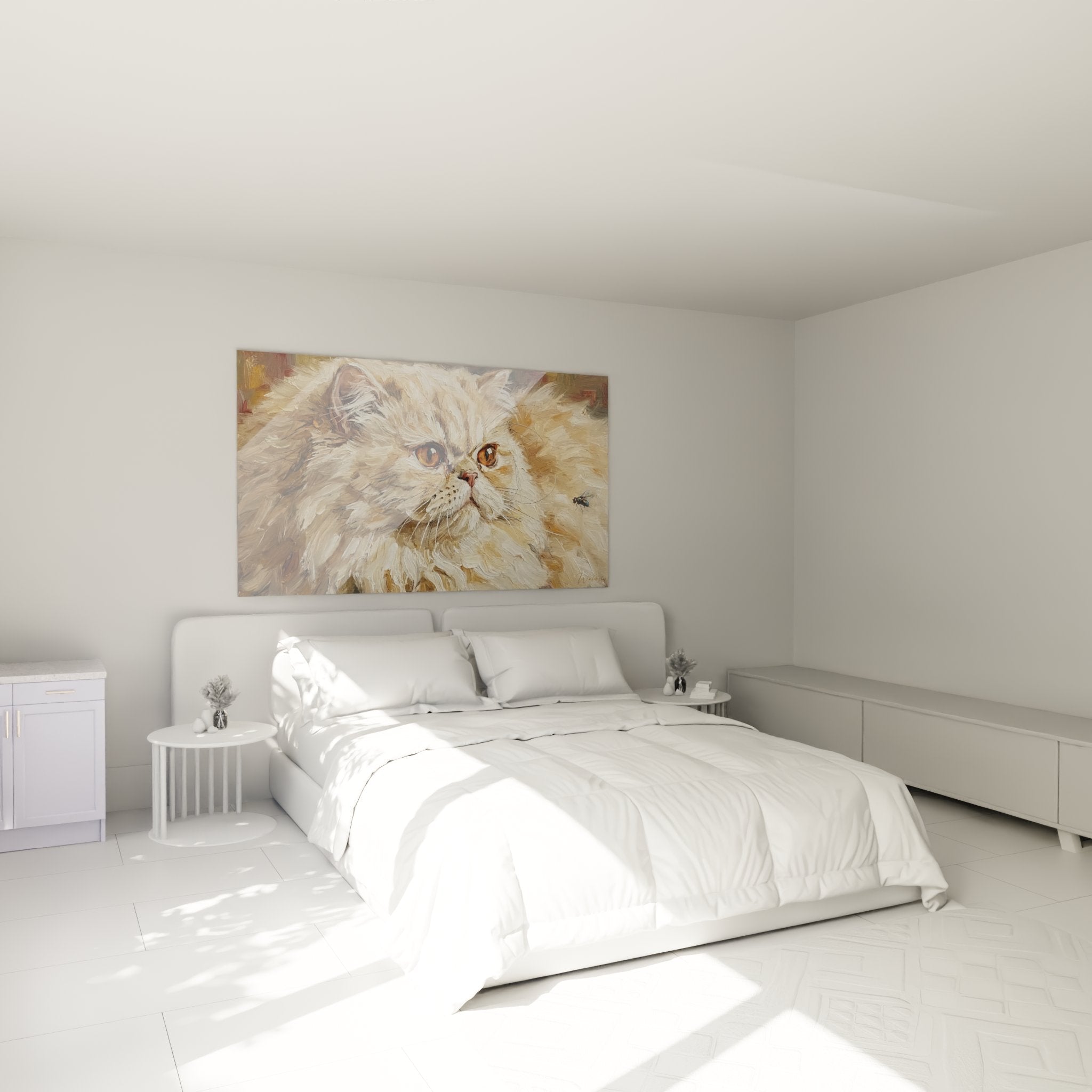 Persische Katze mit bernsteinfarbenen Augen, installiert in modernem Schlafzimmer, elegante und beruhigende Wanddekoration