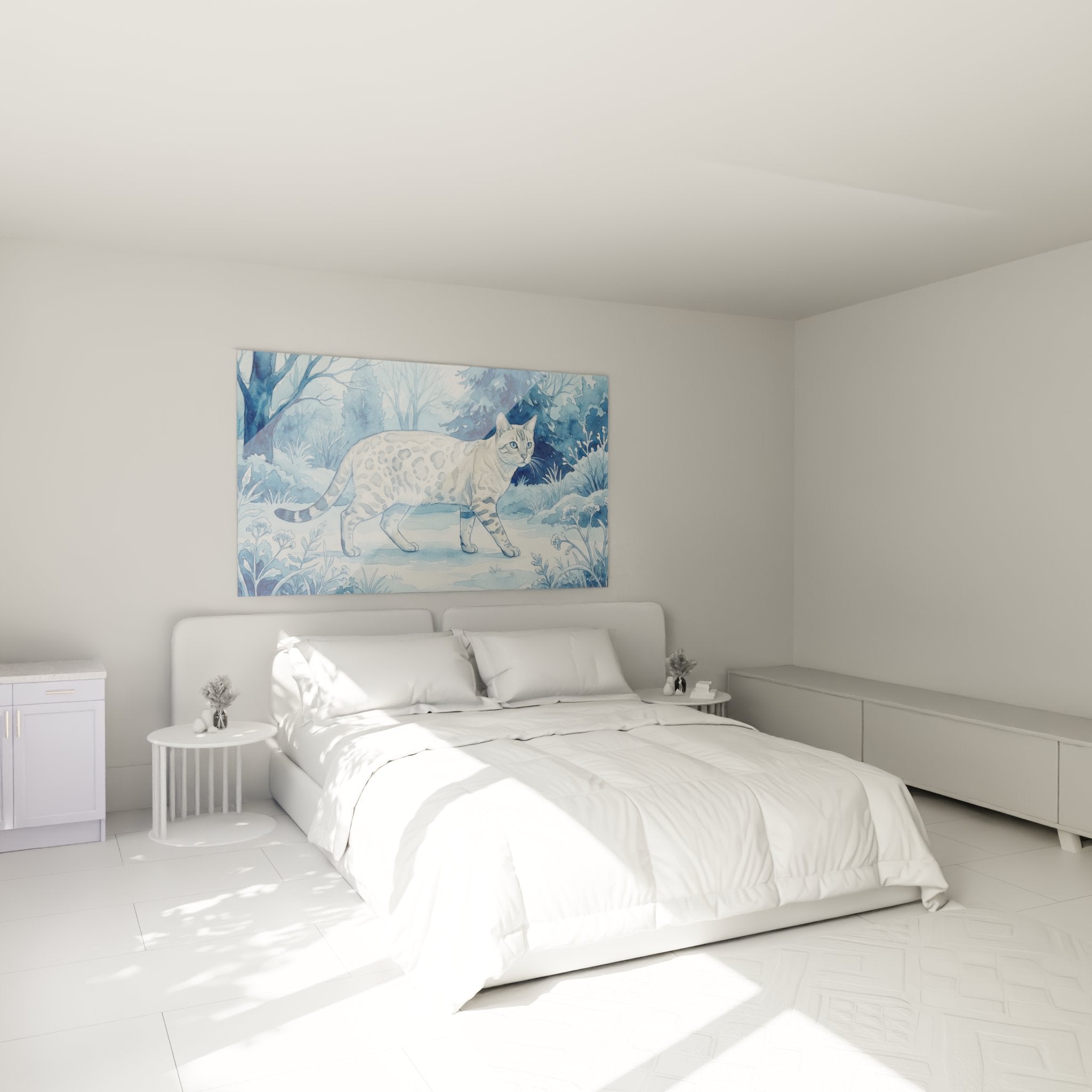 Tableau chat Bengal aquarelle bleue accroche au mur d'une chambre moderne pour decoration murale feline