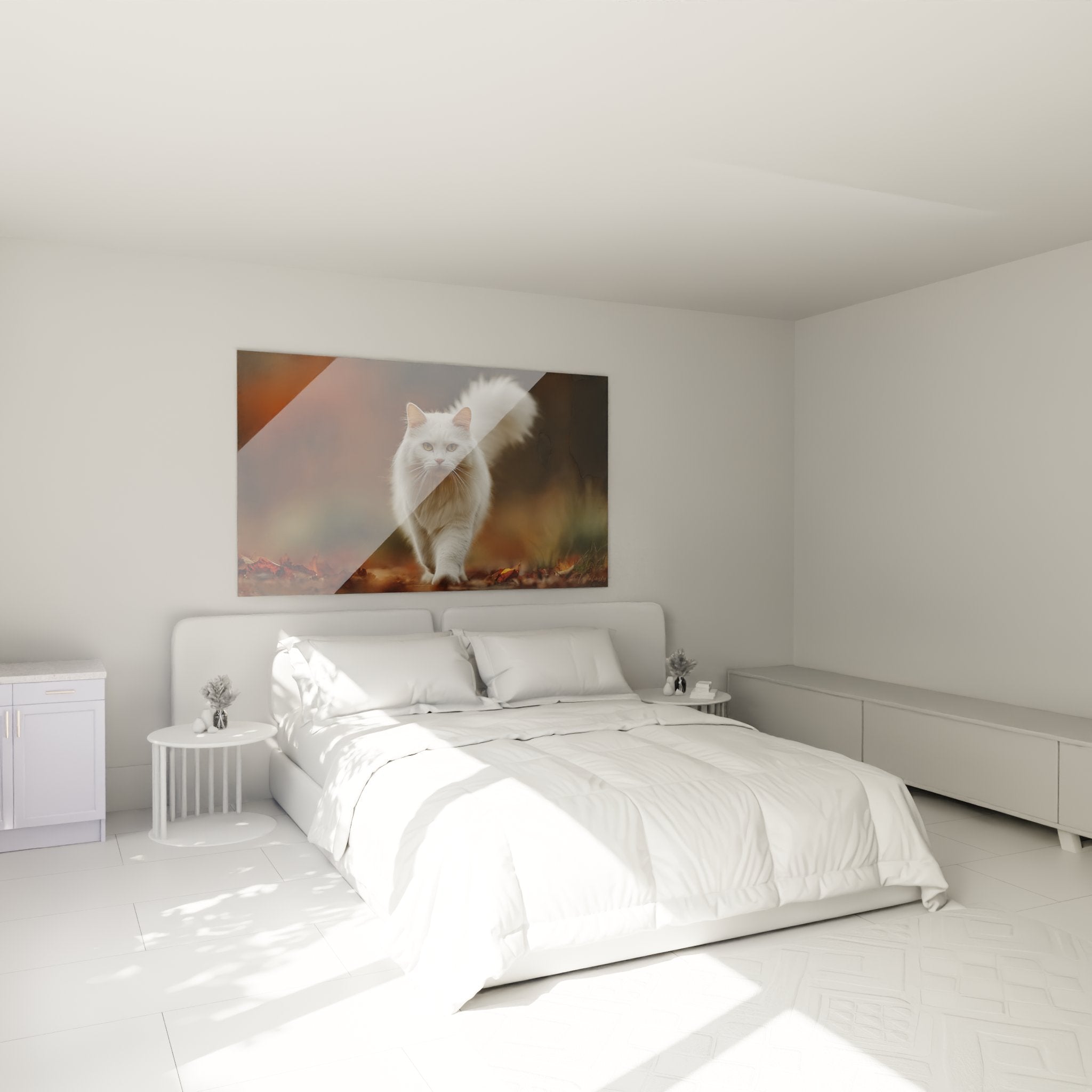 Decoration chambre avec tableau chat sibérien blanc automnal ambiance chaleureuse art mural félin
