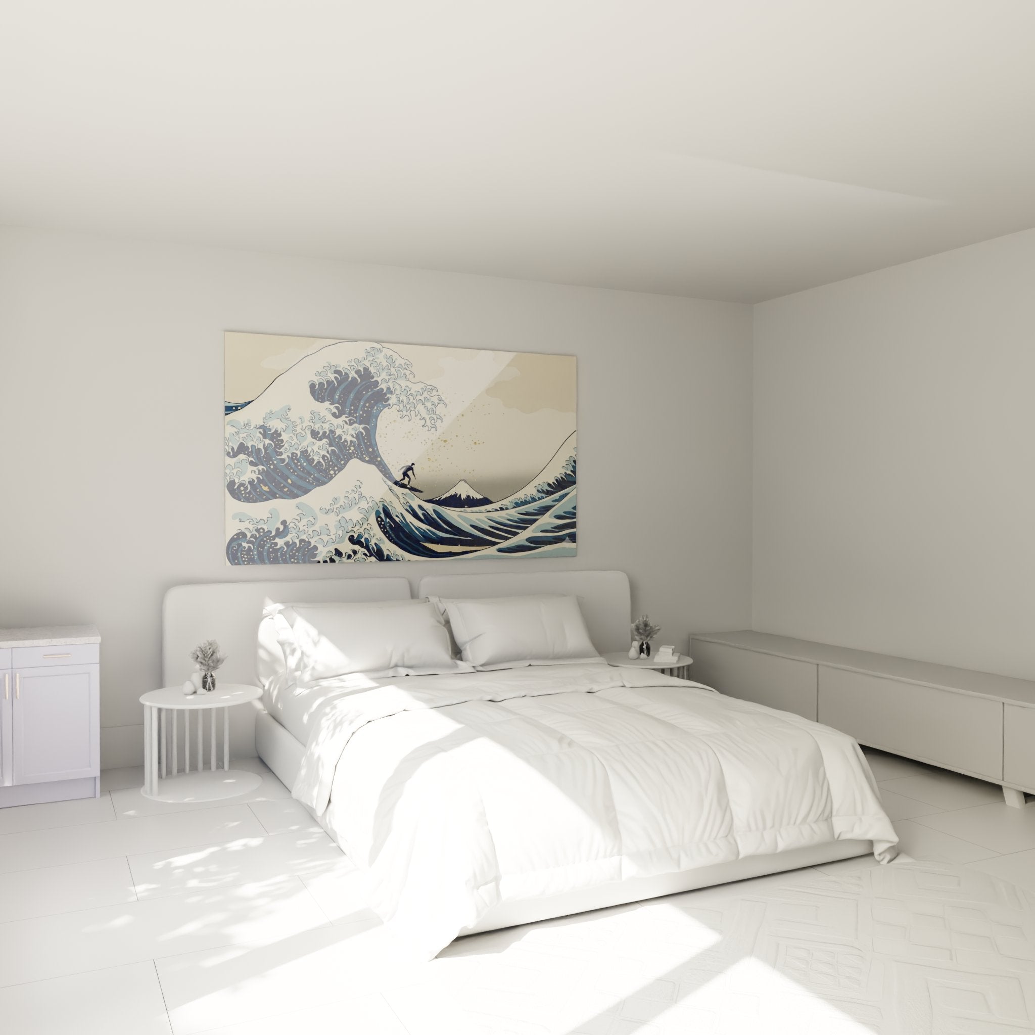 Décoration chambre avec tableau surf grande vague, ambiance océanique et zen pour intérieur moderne