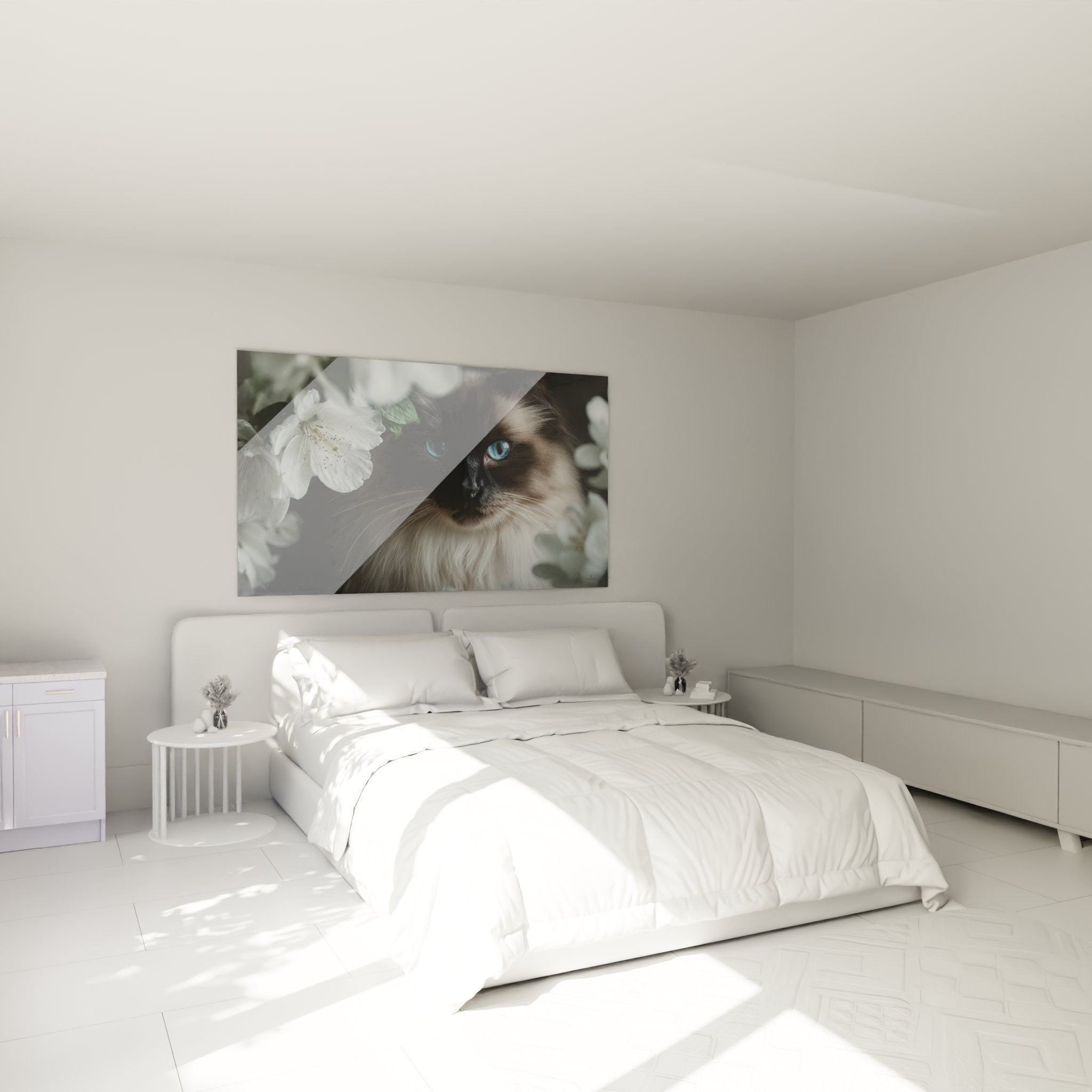 Wanddekoration Birmakatze Kirschblüten im modernen Schlafzimmer sanfte und beruhigende Atmosphäre