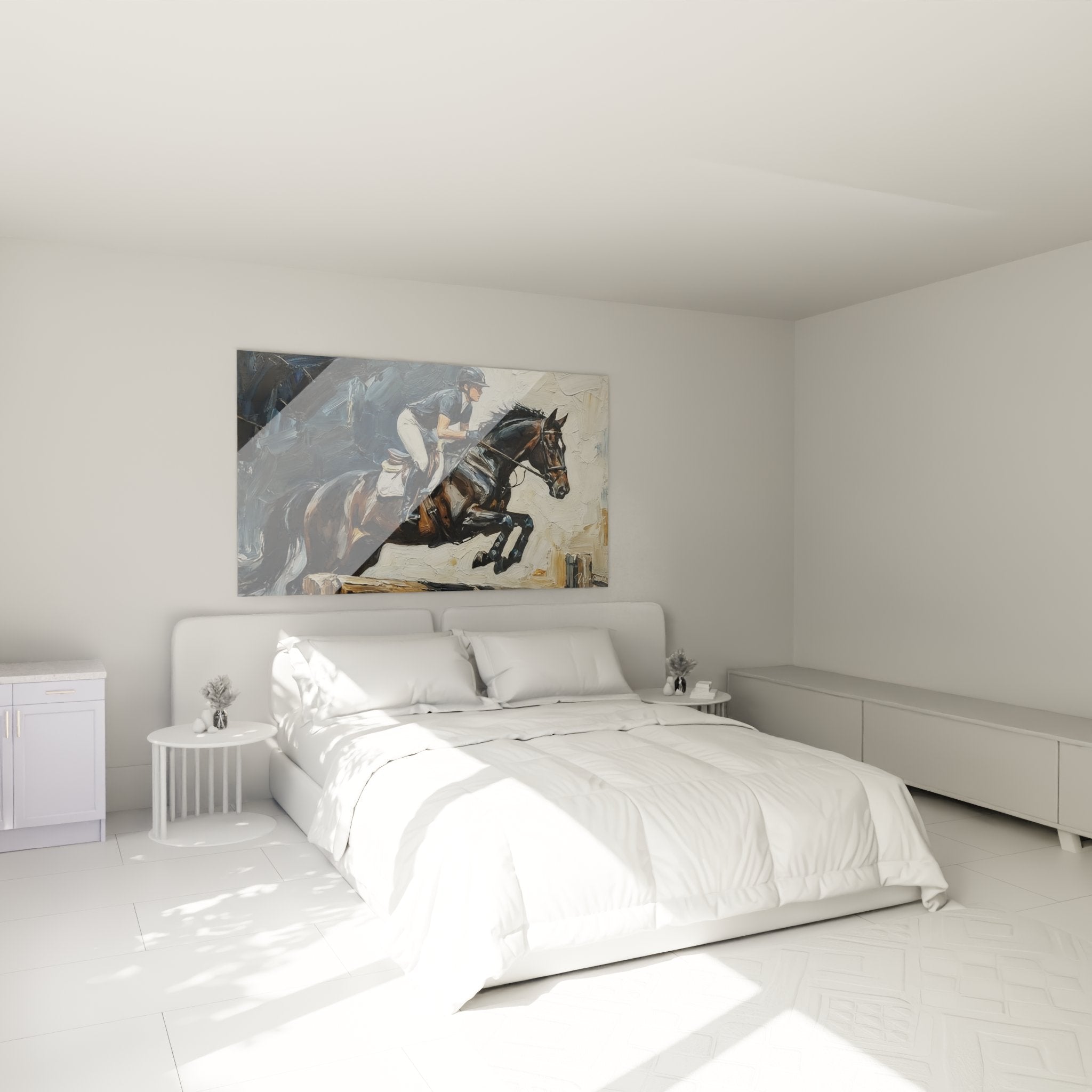 Decorazione murale equestre in una camera da letto, quadro di salto ostacoli che porta eleganza e passione equestre