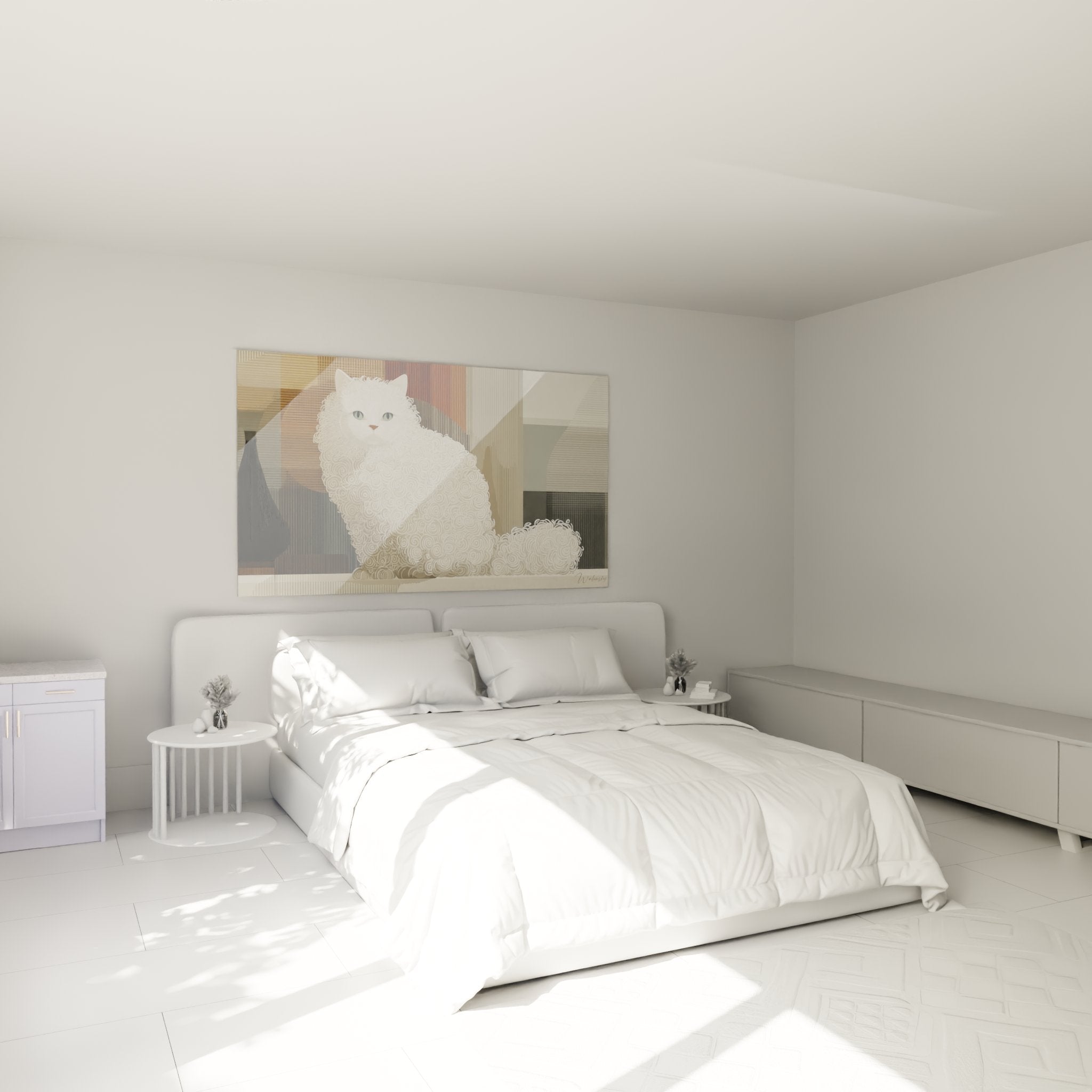 Décoration murale chat Selkirk Rex installée dans une chambre moderne aux tons neutres et apaisants