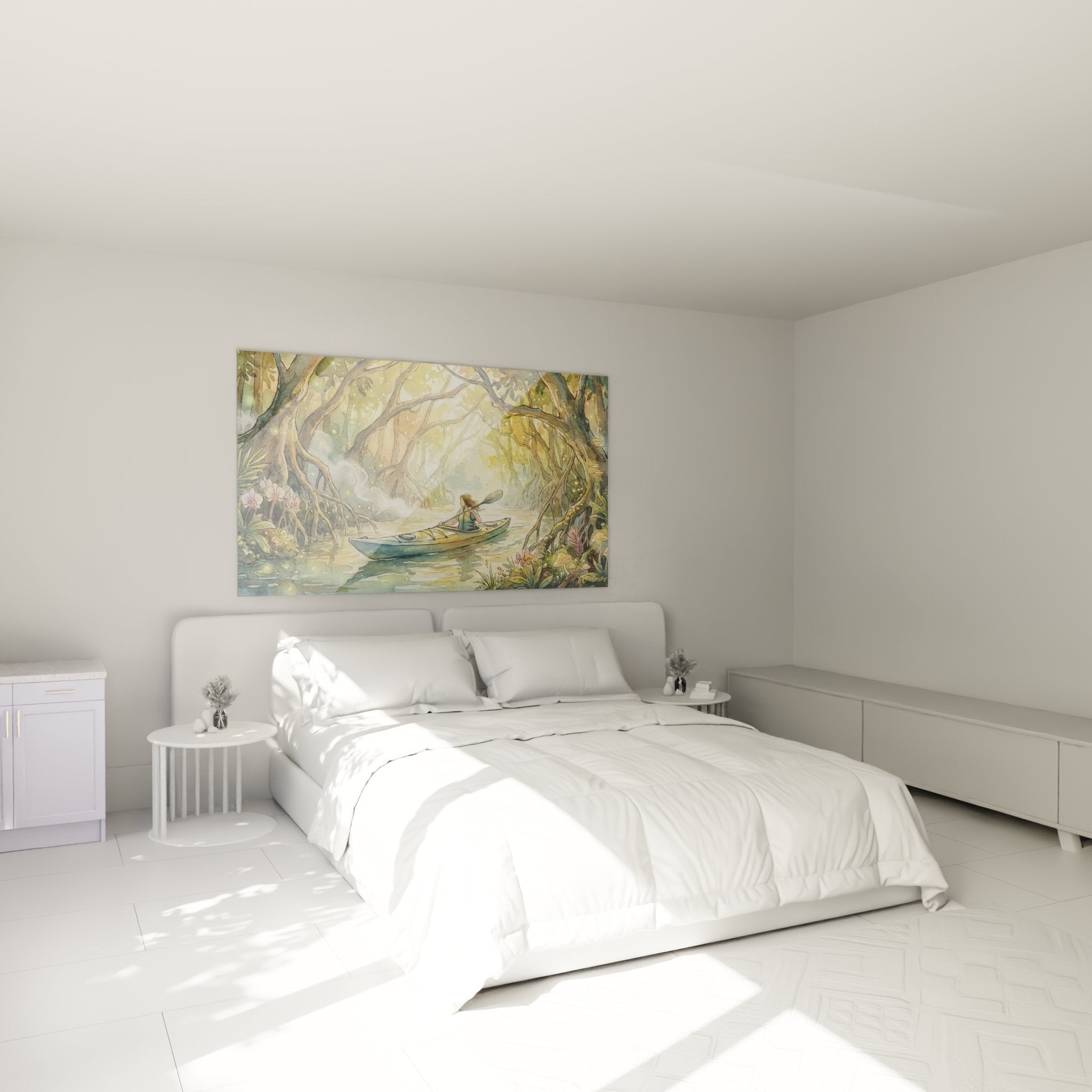 Tableau kayak forêt mystique décorant une chambre moderne, ambiance nature et aventure