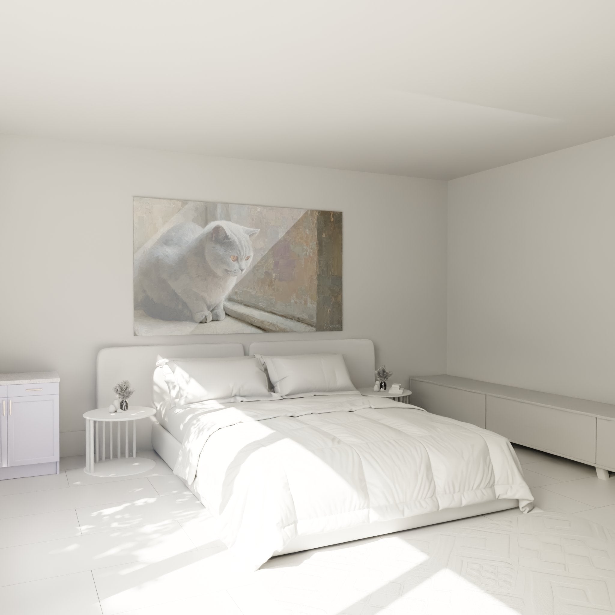 Decorazione camera da letto con quadro gatto British shorthair che contempla dalla finestra atmosfera rilassante