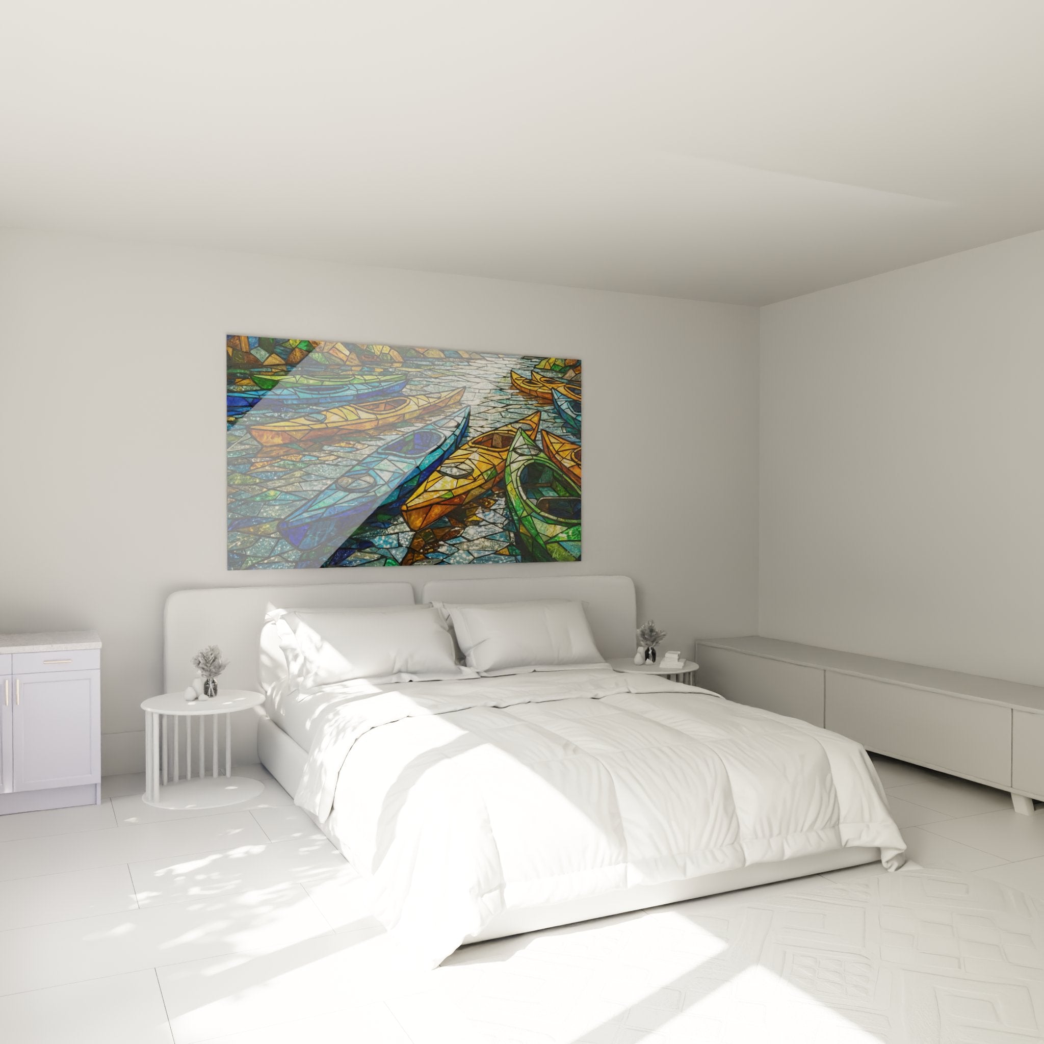 Wall decoration kayaks stained glass in modern bedroom with soothing blue and orange colors