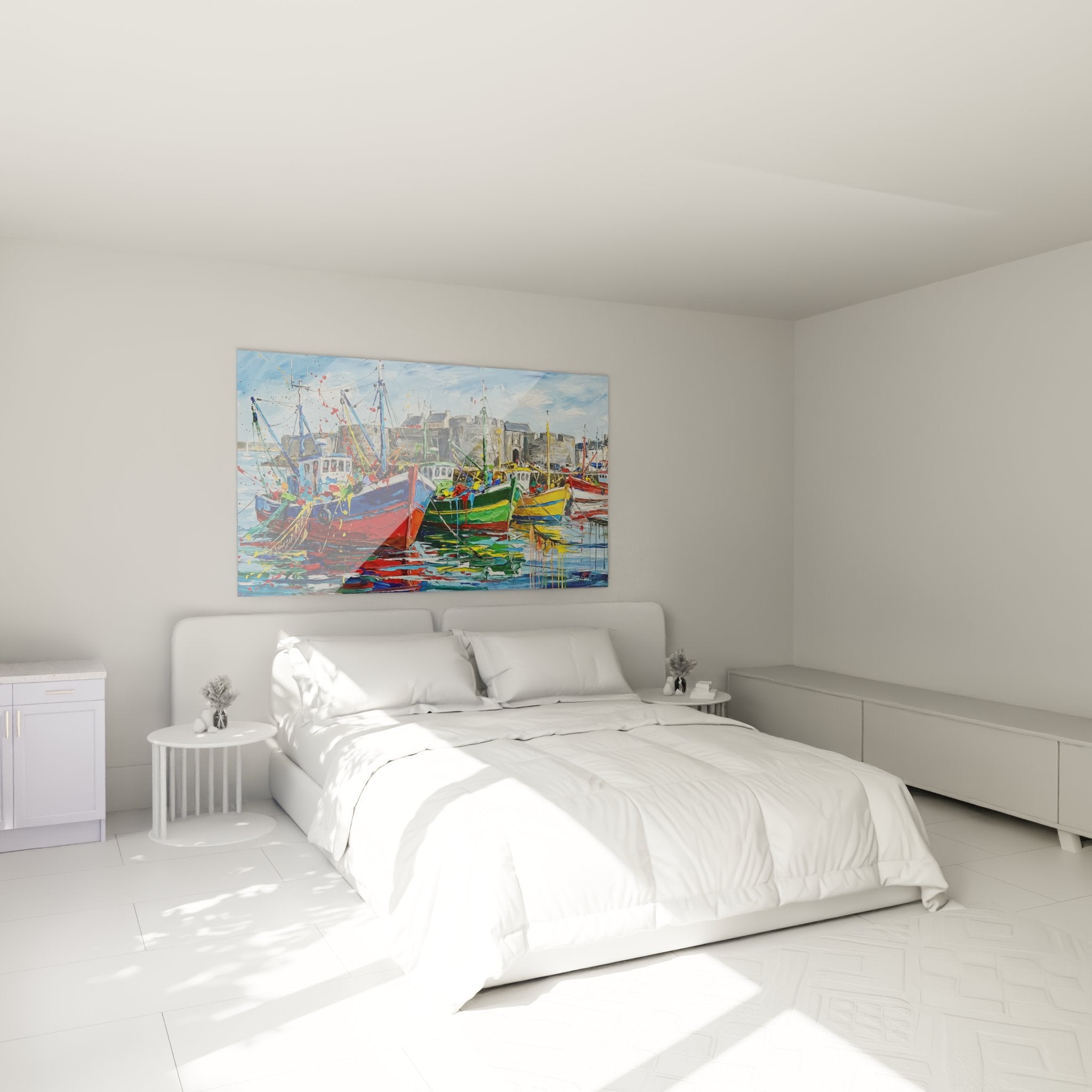 Colorful Breton boats wall art in a modern bedroom with authentic maritime atmosphere