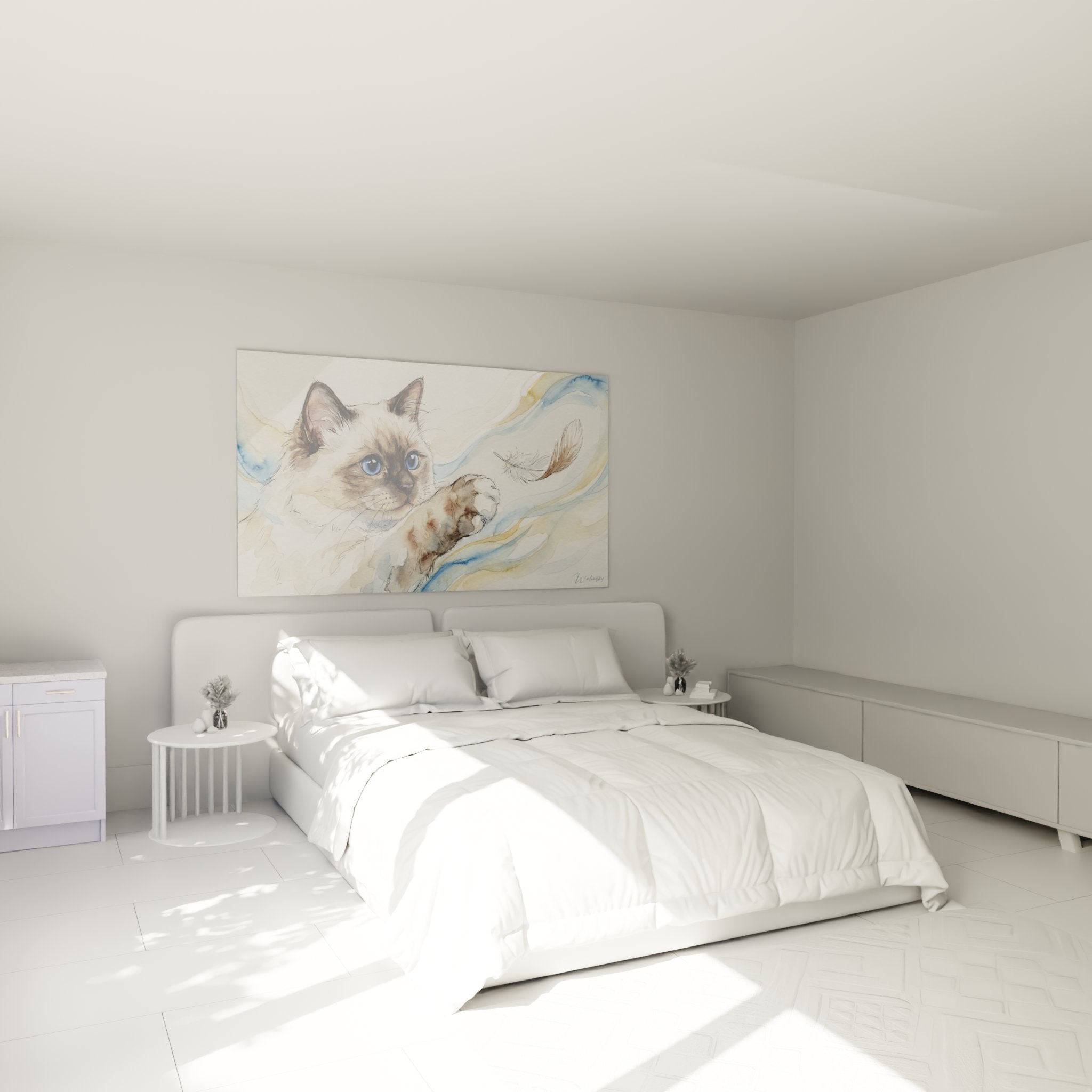 Decorazione camera da letto con quadro gatto Birmano acquerello, atmosfera dolce e rilassante toni pastello