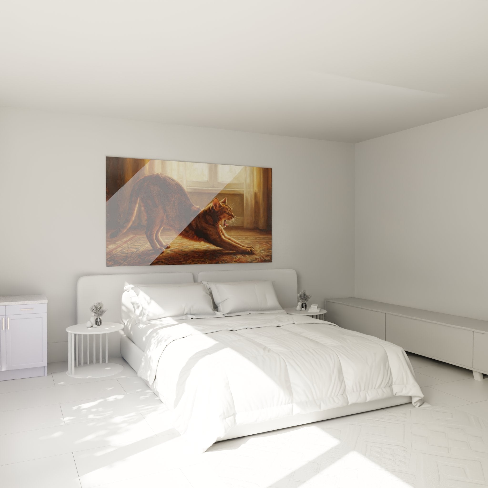Abyssinian cat stretching artwork elegantly decorating a modern bedroom with warm tones