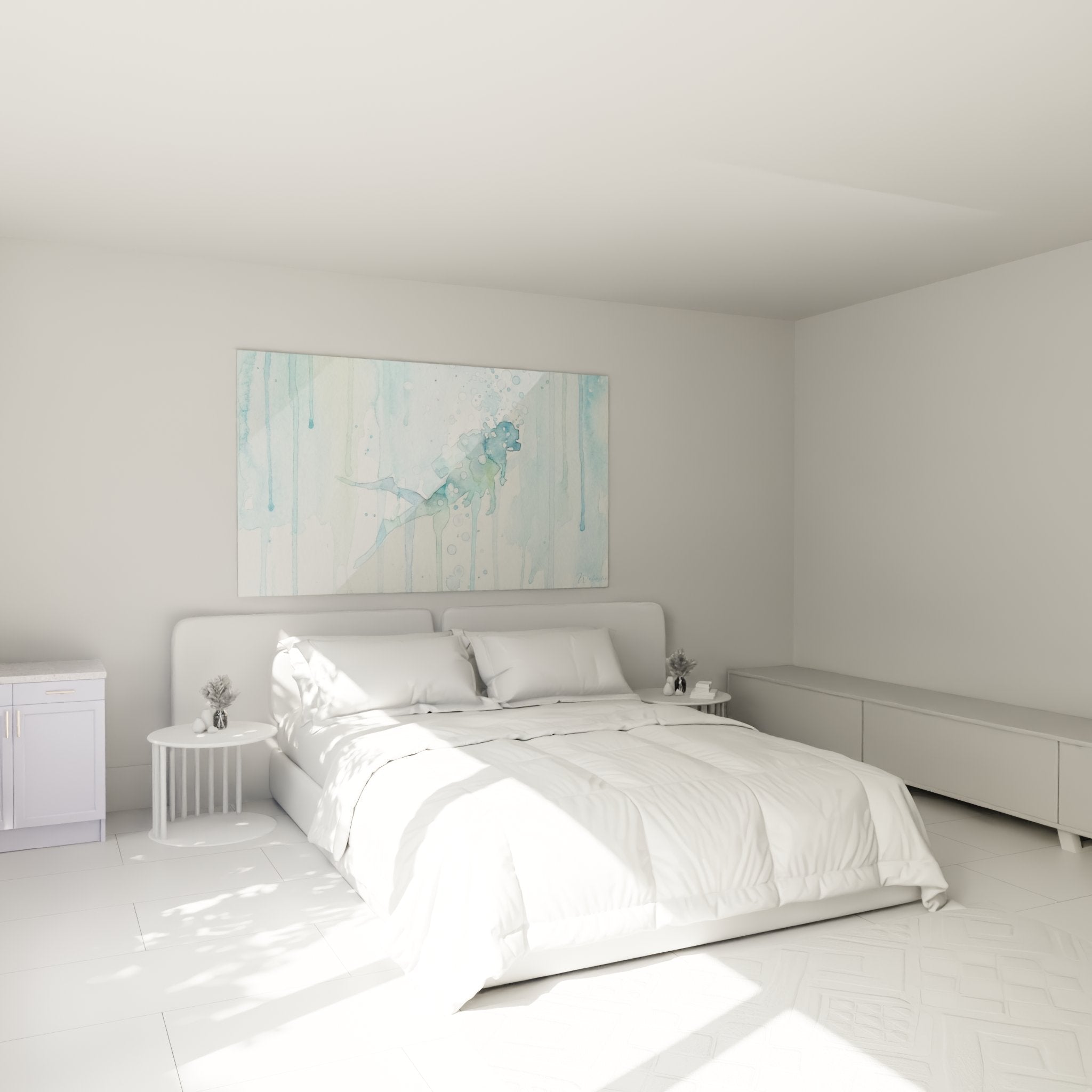Blue watercolor diver artwork decorating a modern bedroom with a calming maritime ambiance