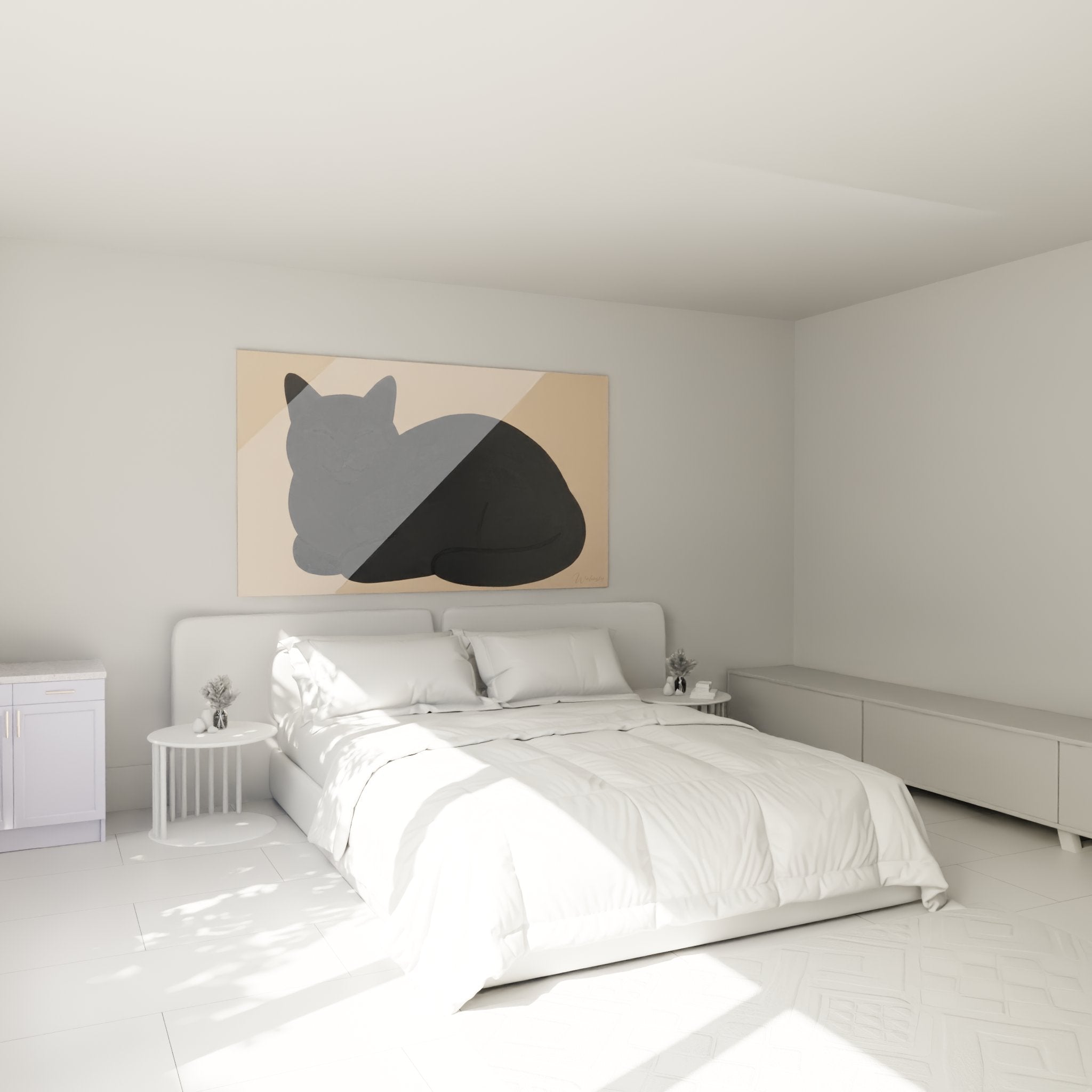 Tableau chat noir endormi décorant élégamment une chambre moderne aux tons neutres et apaisants