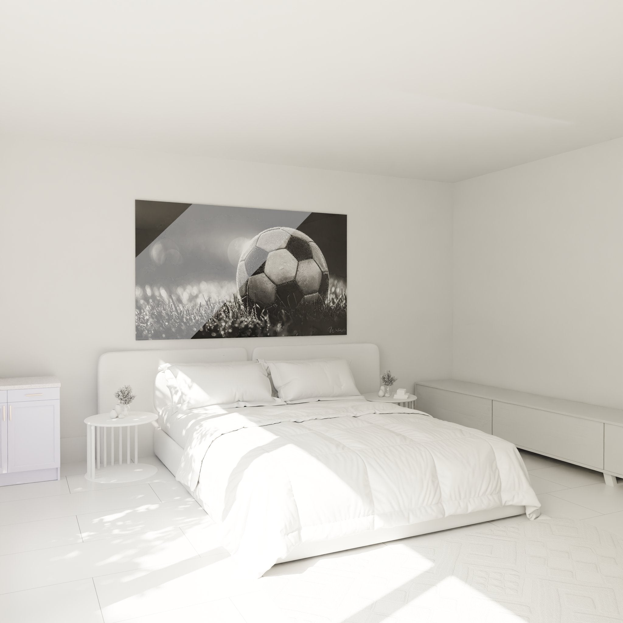 Decoration murale football en noir et blanc dans chambre moderne avec ballon sur terrain illumine