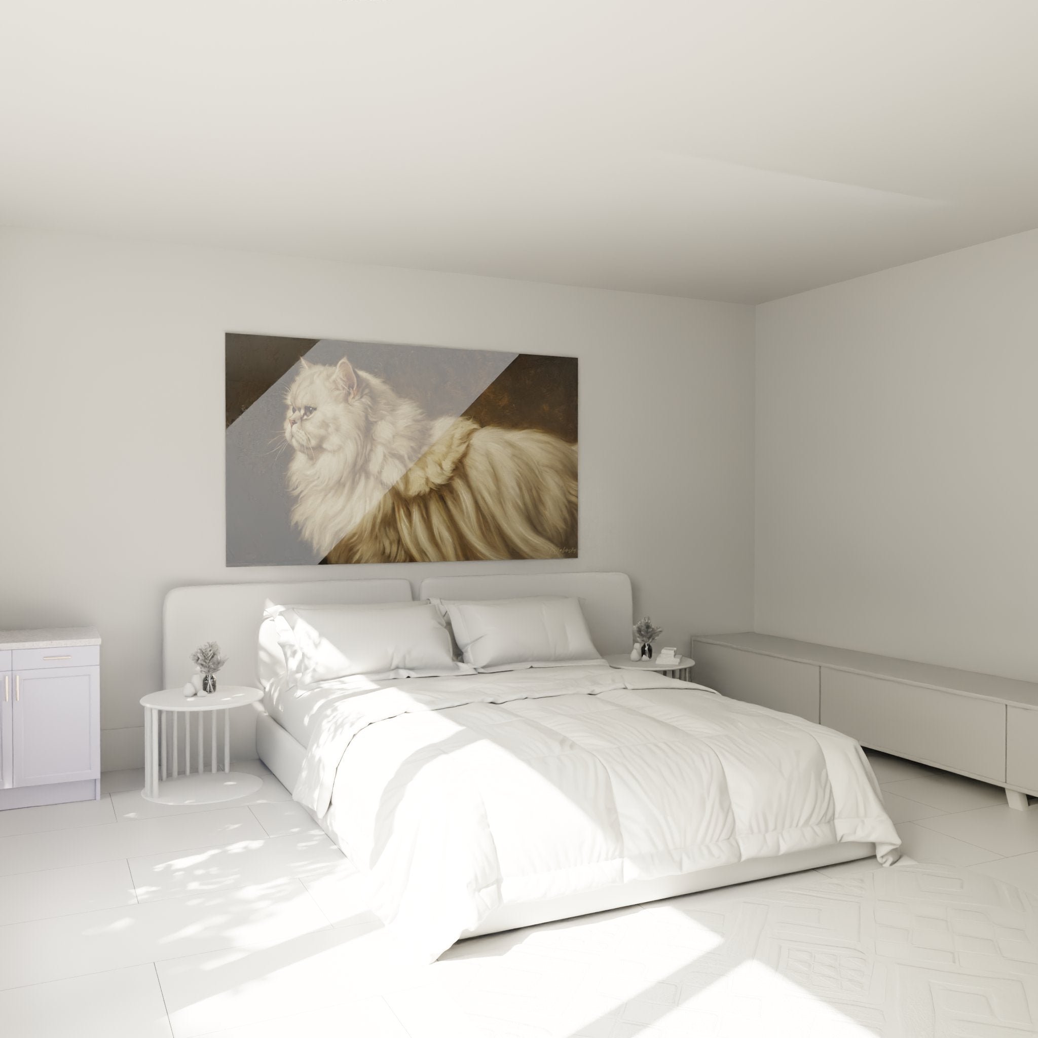 Decorazione camera da letto con quadro gatto persiano bianco elegante, atmosfera accogliente e raffinata, arte animale premium