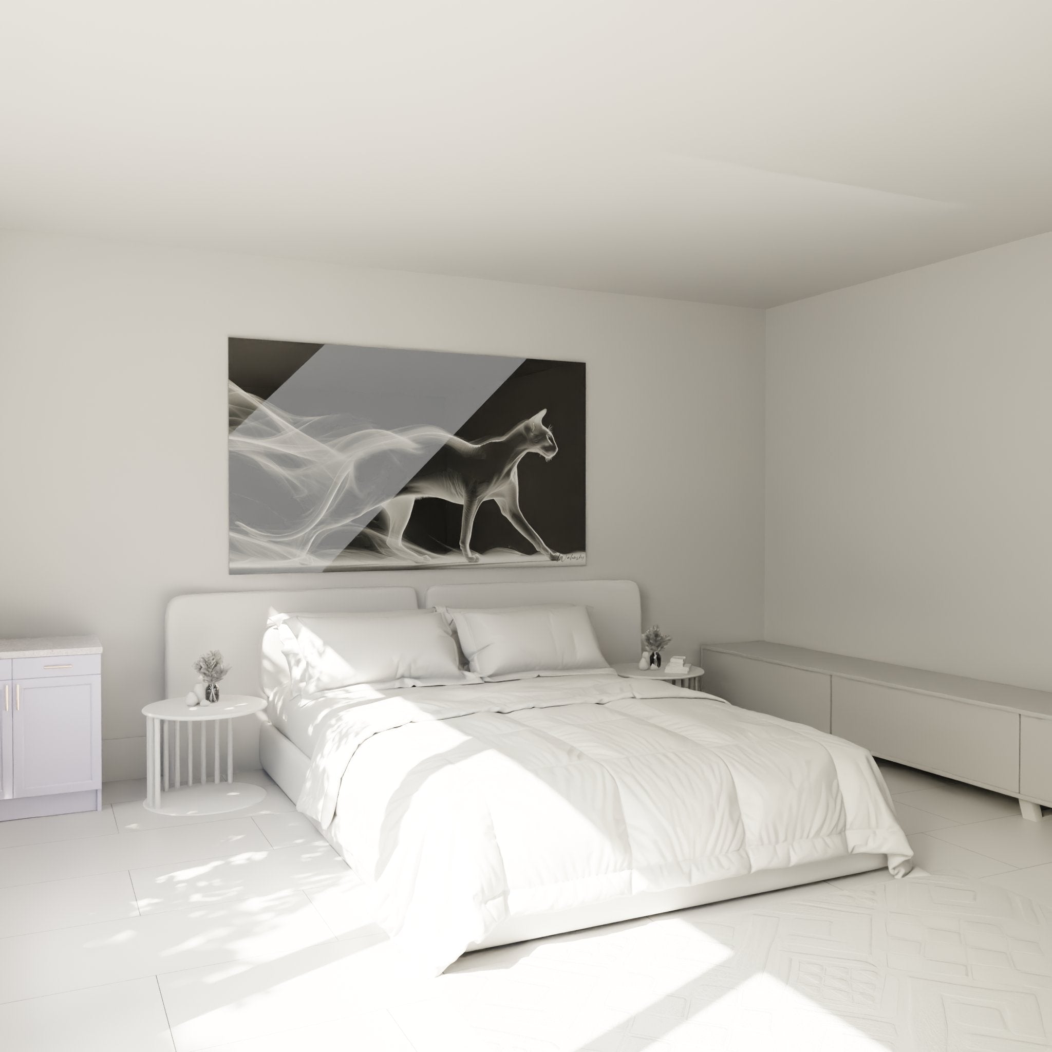 Decorazione murale camera da letto con quadro gatto fantasmatico luminoso stile moderno bianco e nero Peterbald