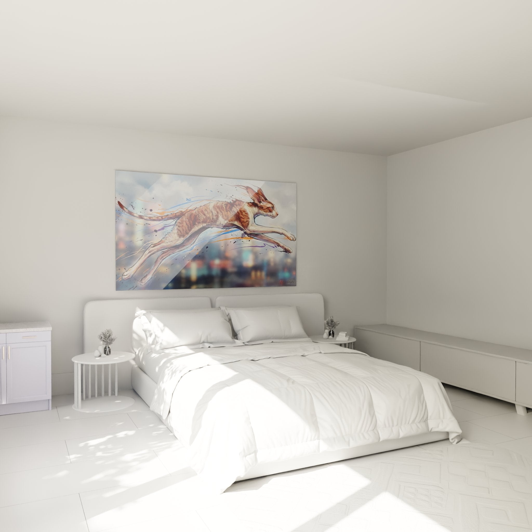 Decorazione camera da letto con quadro gatto Cornish Rex dinamico con tonalità calde e moderne