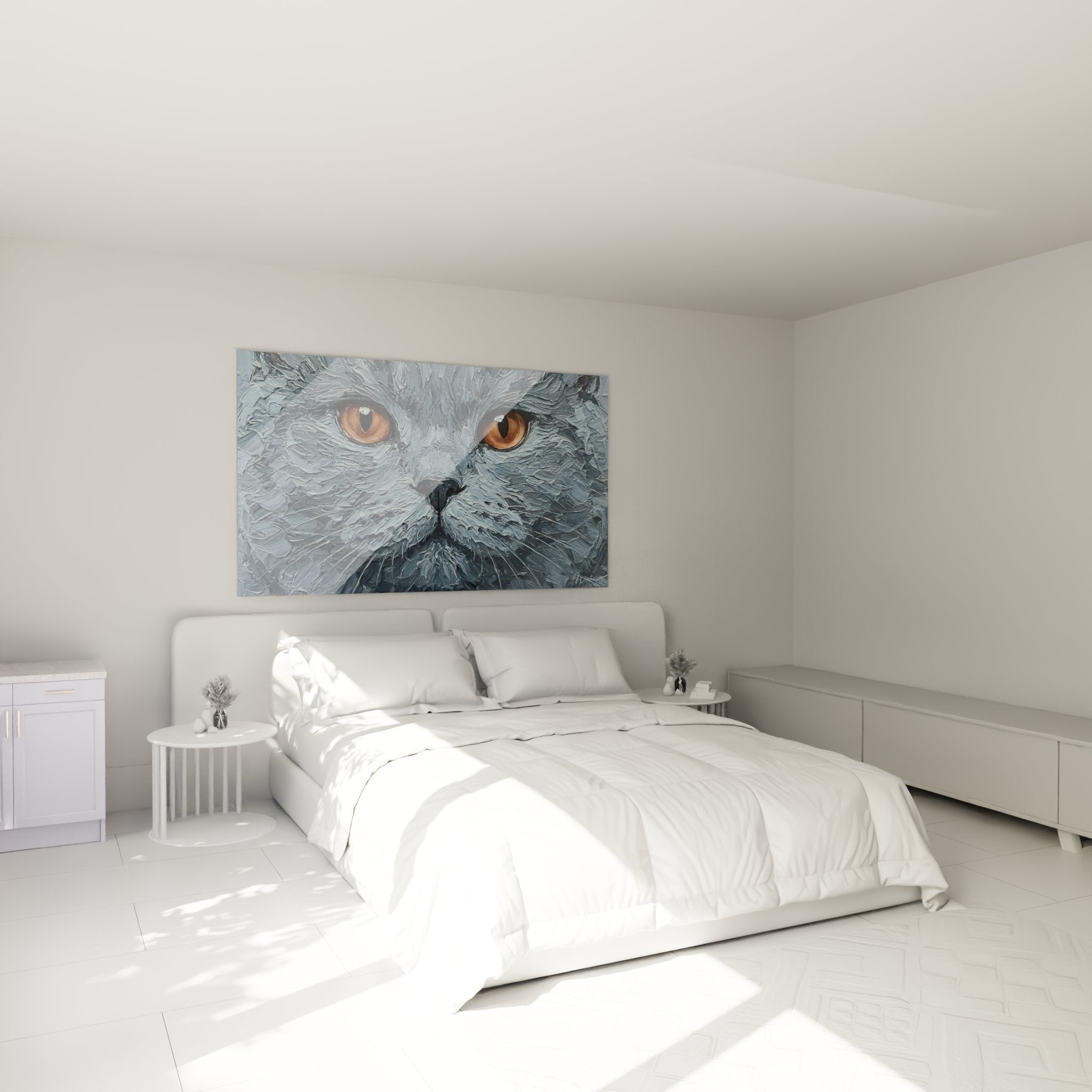 Arredamento camera da letto con quadro British Shorthair, atmosfera accogliente ed elegante, arte murale gatto grigio