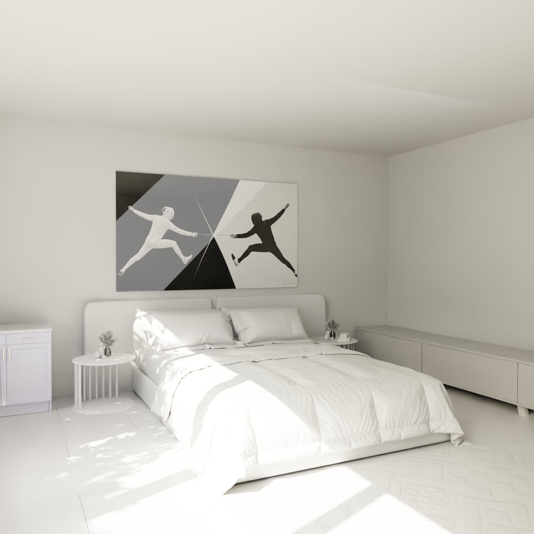 Decoration chambre tableau escrime noir blanc mural art sportif duel epee combat moderne