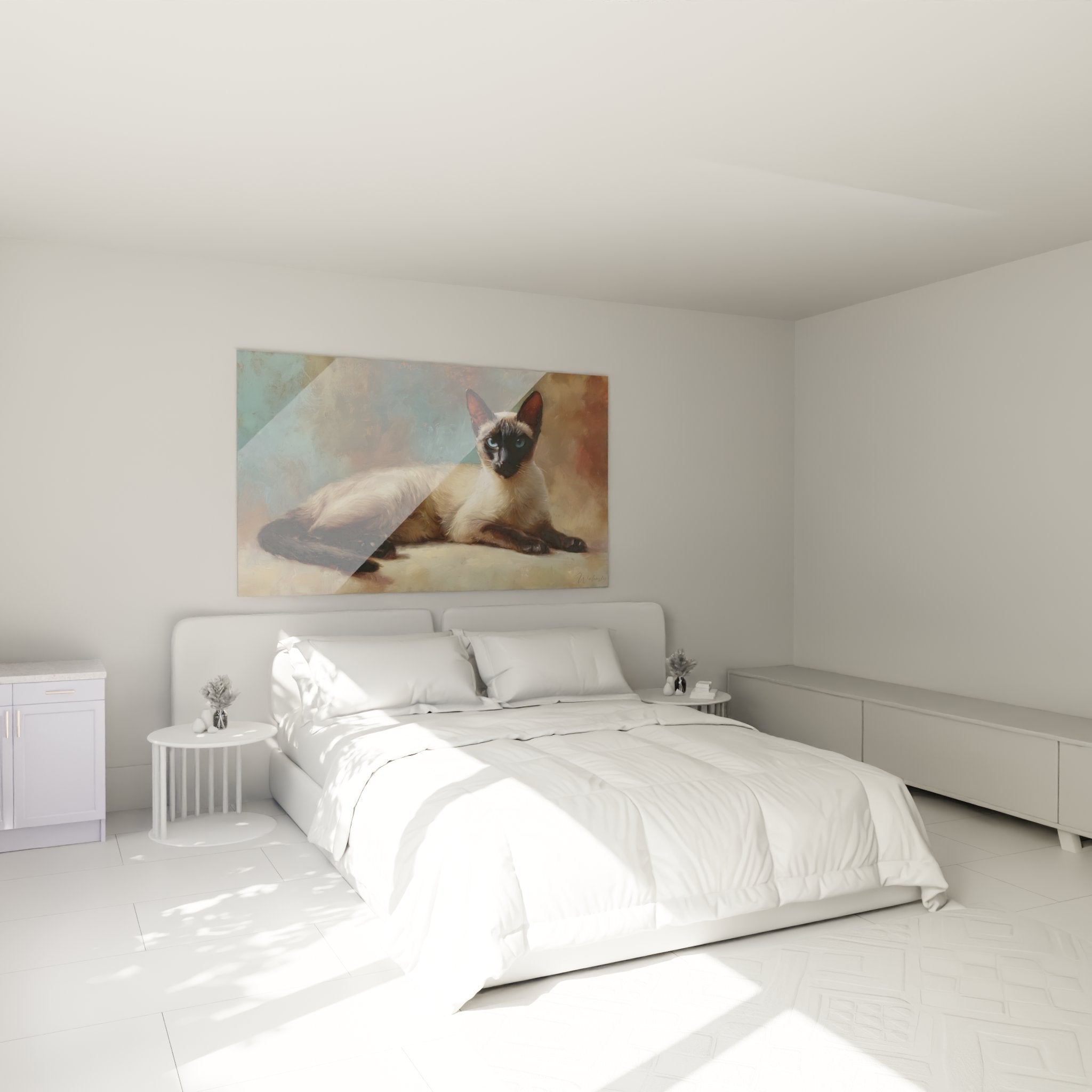 Decorazione camera da letto con quadro gatto siamese elegante, atmosfera calda e raffinata
