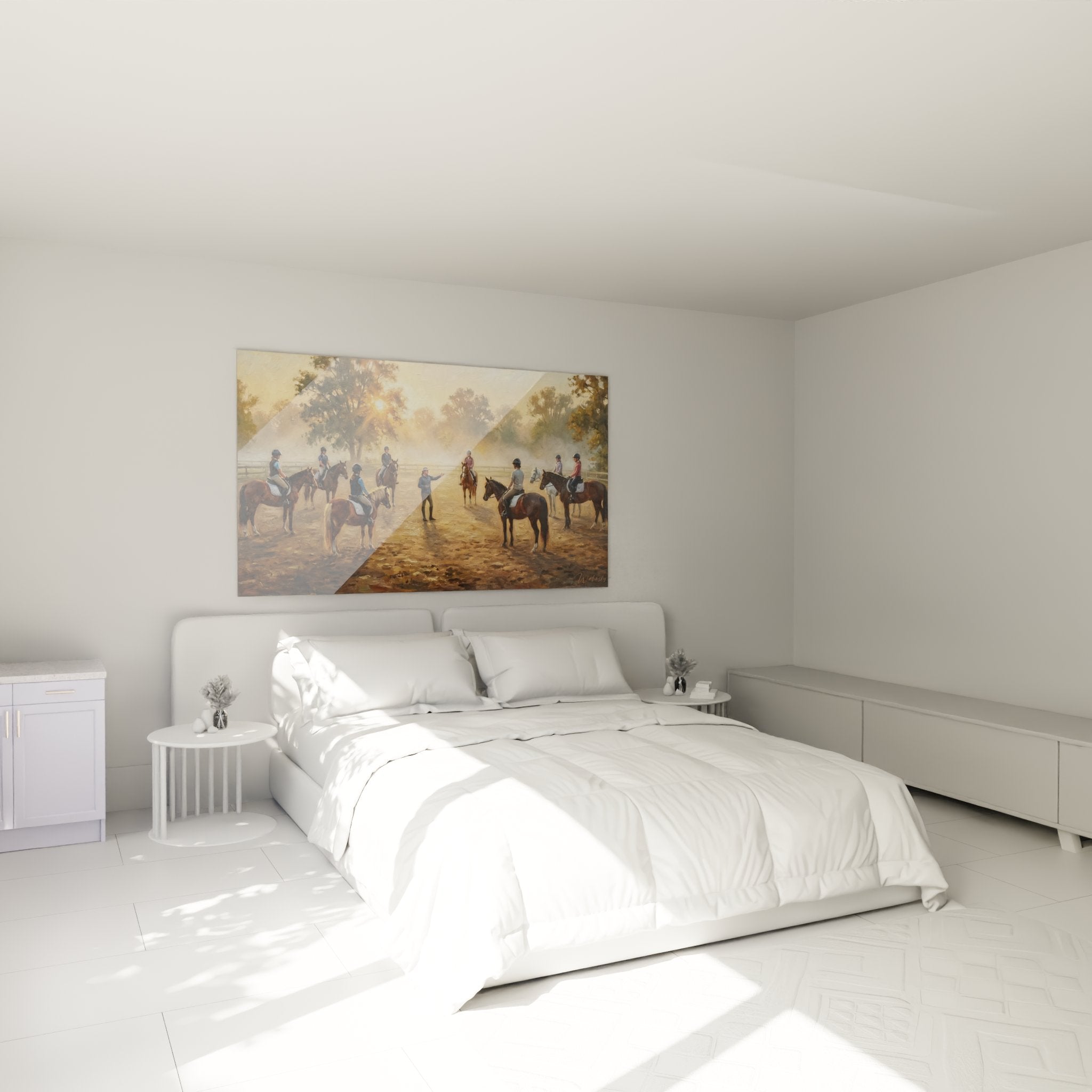 Décoration murale équestre dans chambre, tableau école d'équitation avec cavaliers et chevaux à l'aube dorée