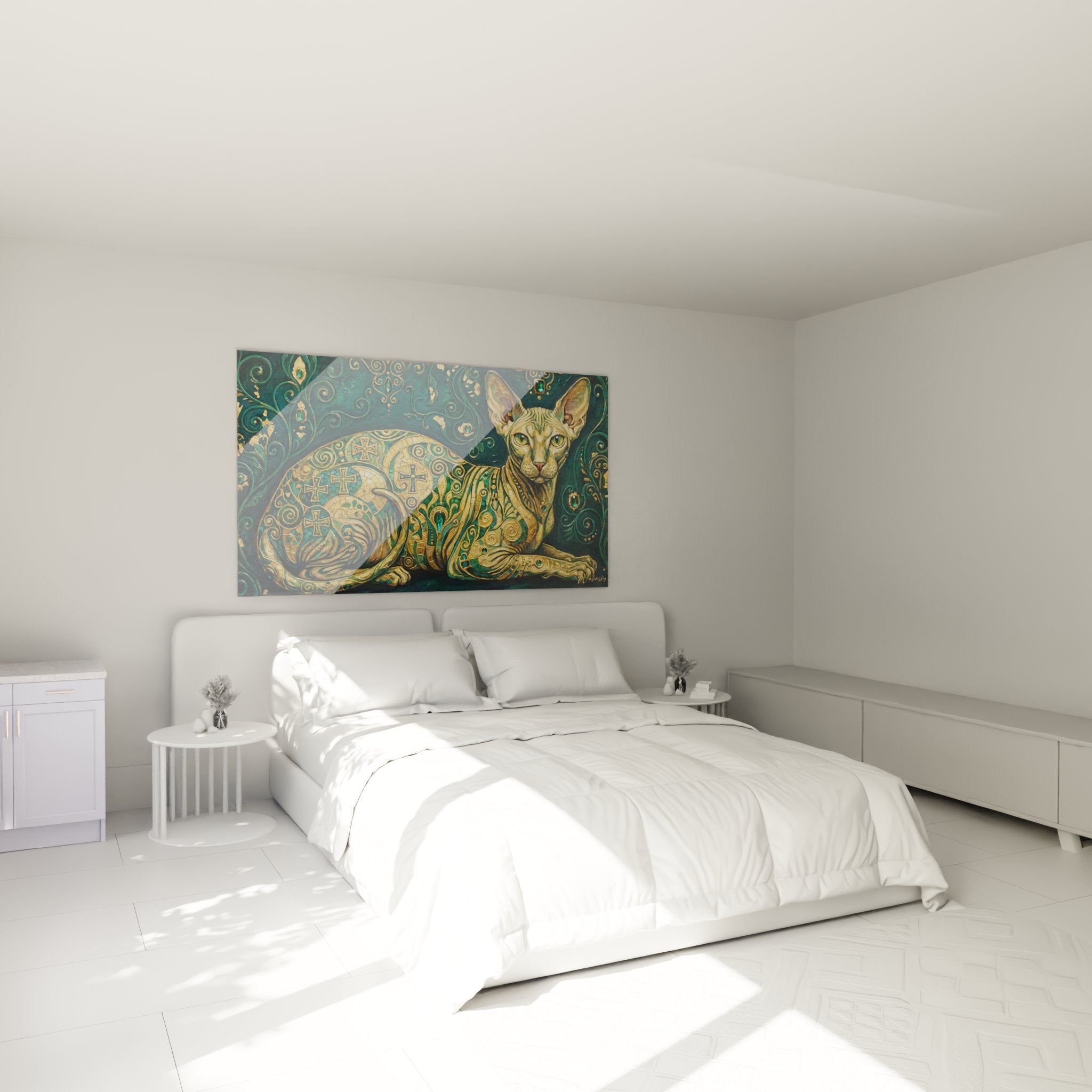 Decorazione murale camera da letto con quadro gatto bizantino dorato che crea un'atmosfera raffinata e mistica