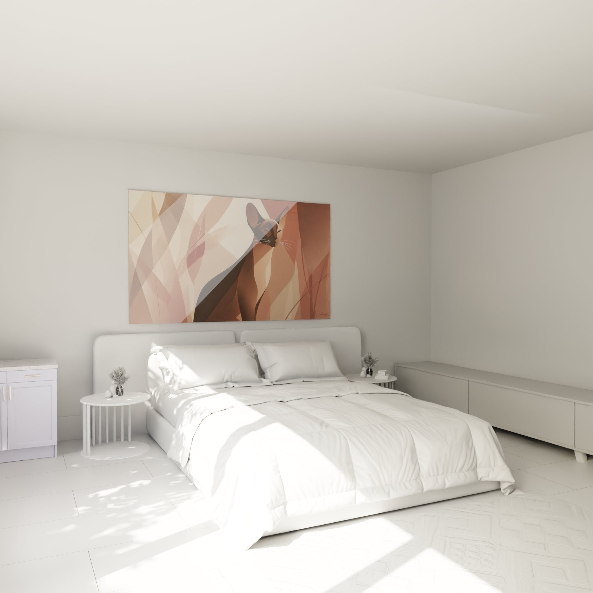 Décoration chambre avec tableau chat géométrique abstrait aux couleurs terre et ocre sur mur blanc