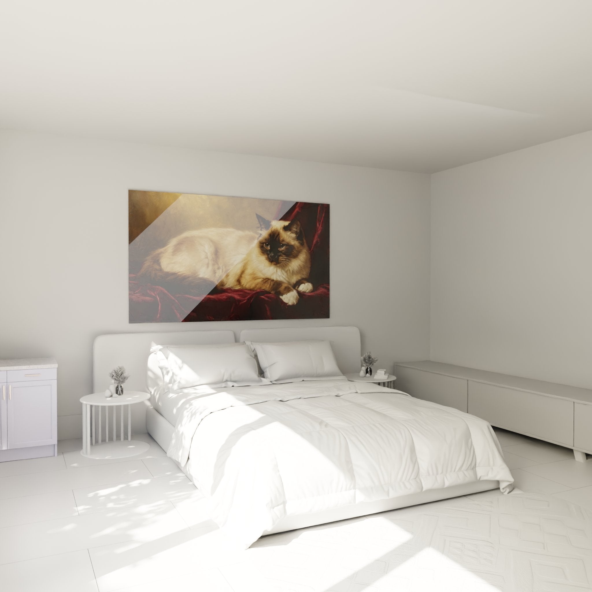 Decorazione camera da letto con quadro di gatto birmano elegante su velluto rosso in atmosfera accogliente