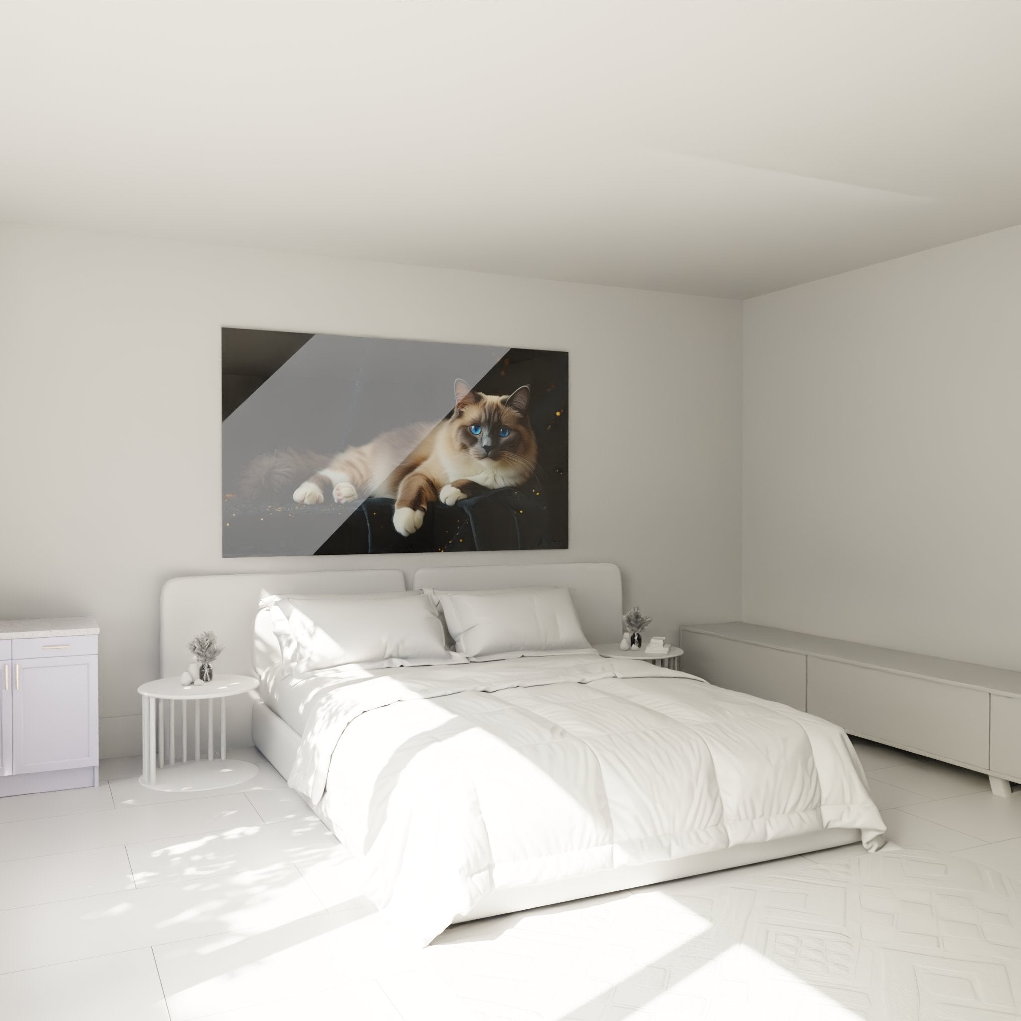 Birman cat wall art for bedroom decoration, cosy ambiance, feline mural for modern interior
