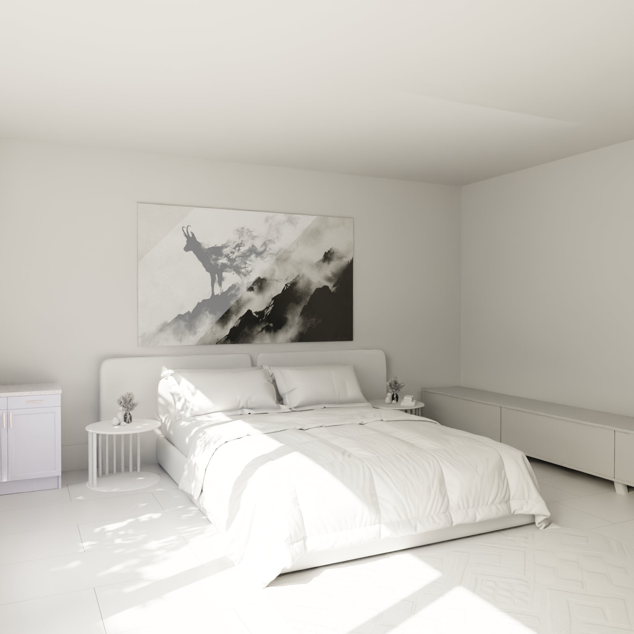Mountain ibex wall decoration in a modern bedroom, Alpine nature atmosphere Savoyard style