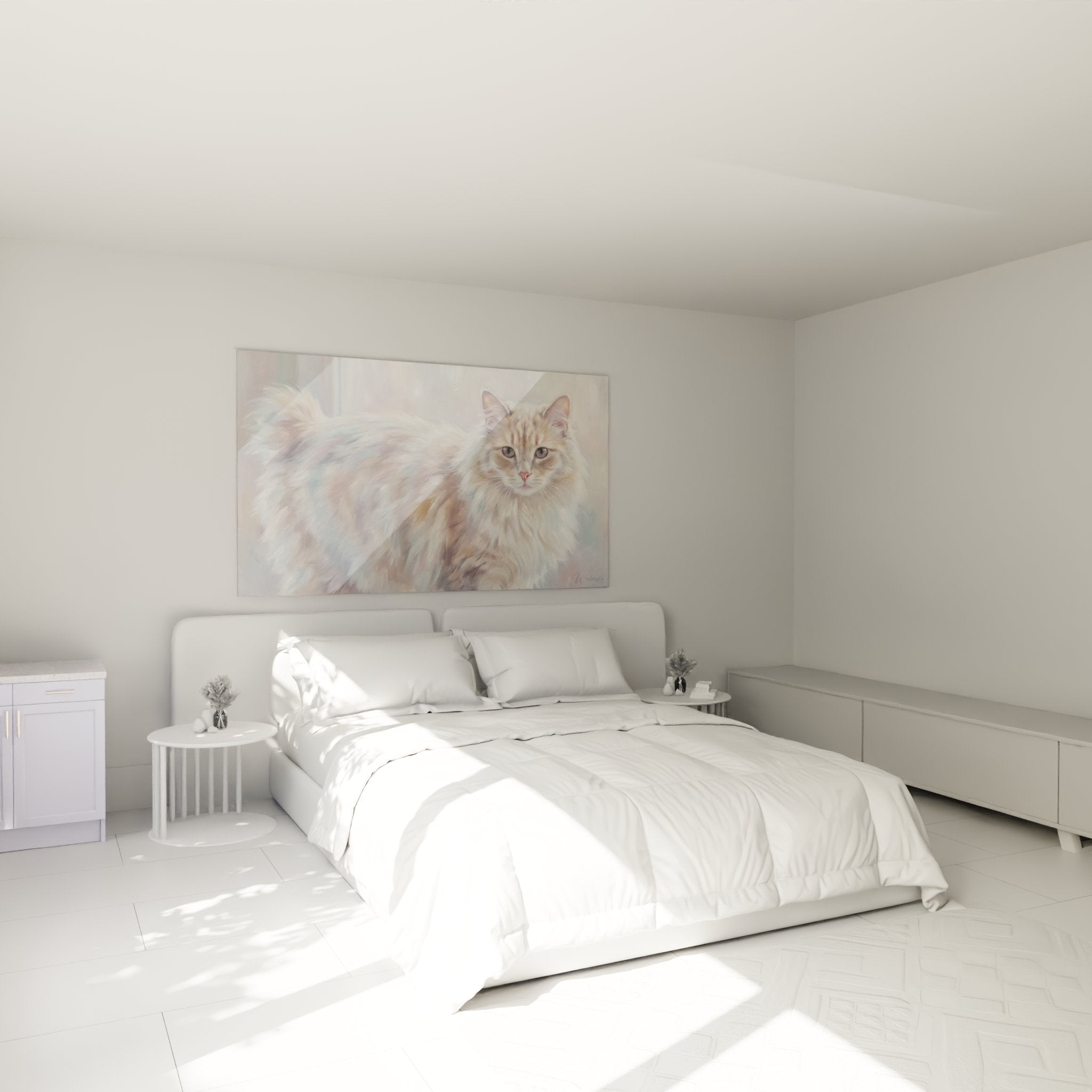 Tableau chat American Bobtail roux décorant une chambre moderne, ambiance cosy et apaisante