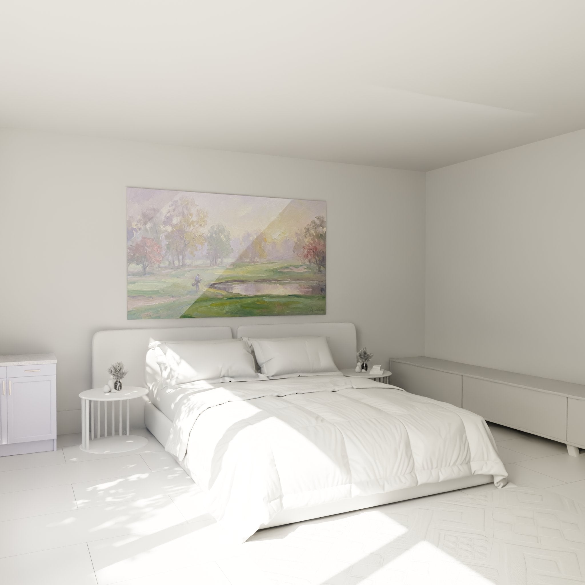 Decoration chambre tableau golf impressionniste parcours matinal tons pastel violets et verts sur mur blanc