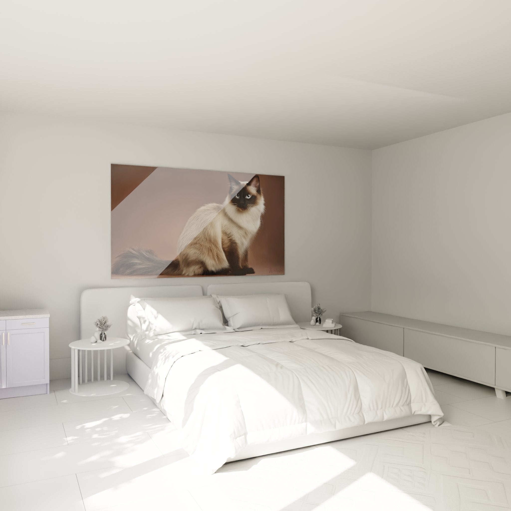 Décoration chambre avec tableau chat Balinais majestueux aux tons chauds au-dessus du lit
