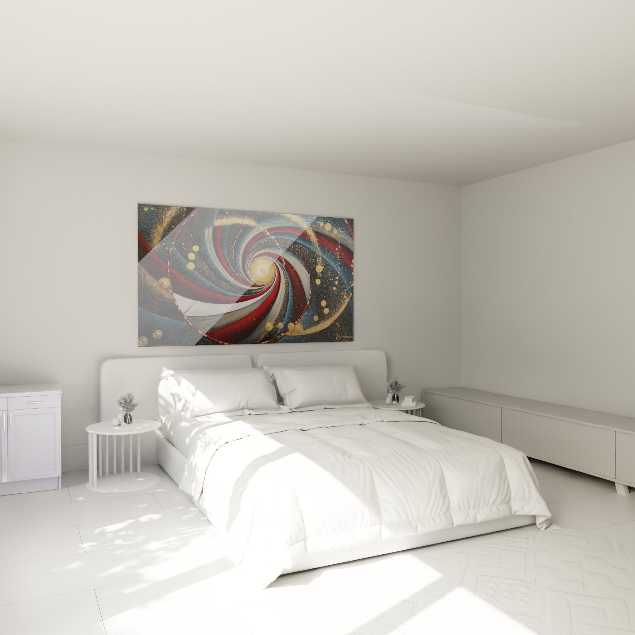 Cosmic spiral wall decoration in modern bedroom celestial whirlwind painting red blue gold