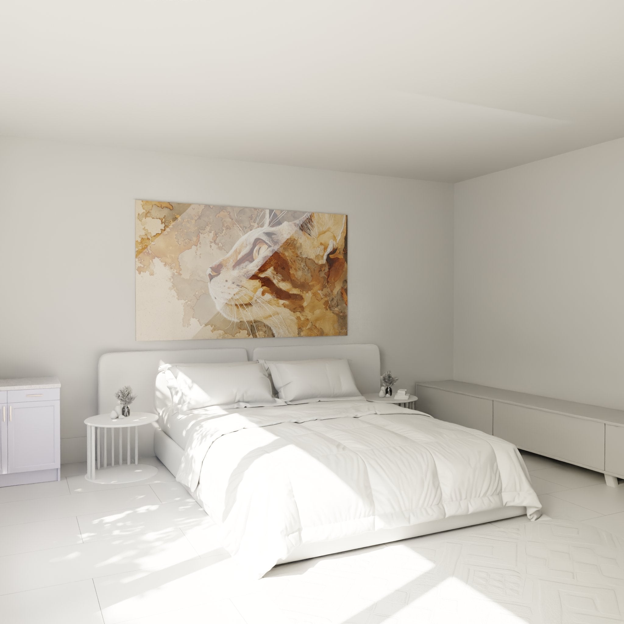 Golden cat wall art displayed in a modern bedroom illustrating the perfect integration of feline art