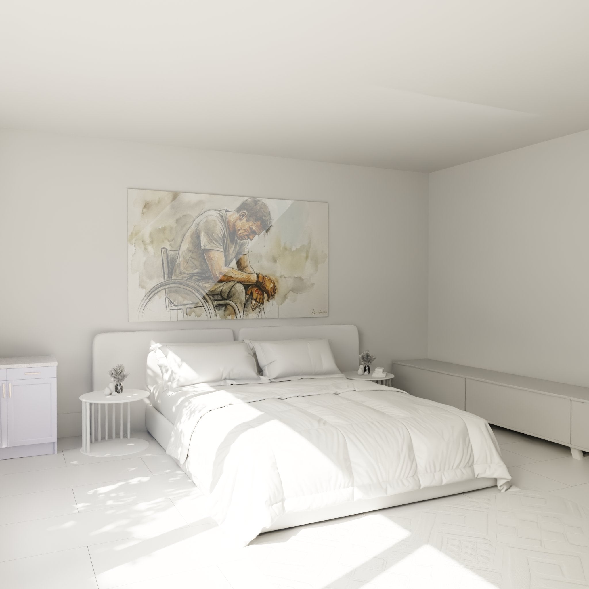 Decoration murale tableau paralympique dans chambre moderne avec athlete en fauteuil roulant aquarelle