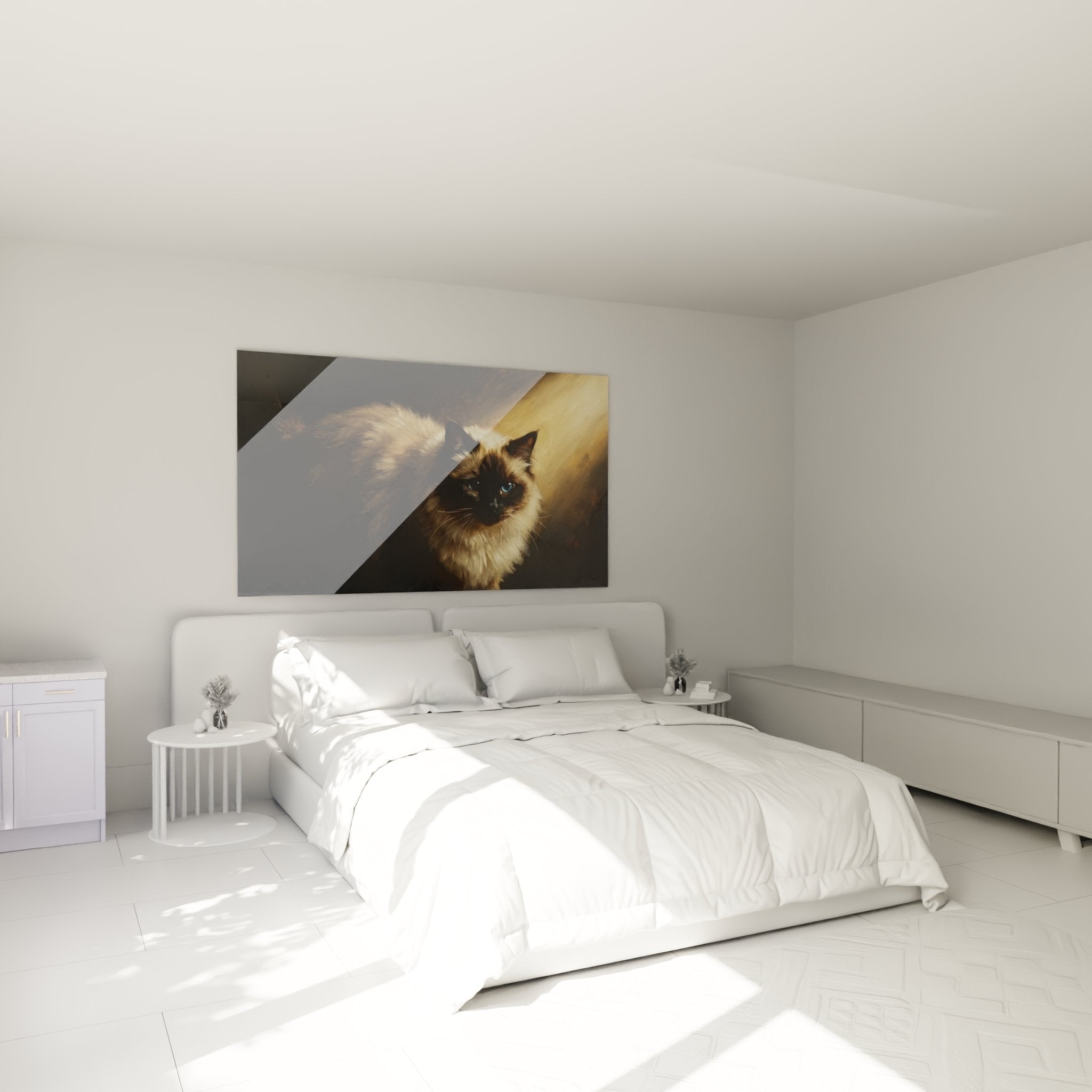 Decorazione camera da letto con quadro gatto birmano occhi blu, atmosfera calda, arte murale felina premium