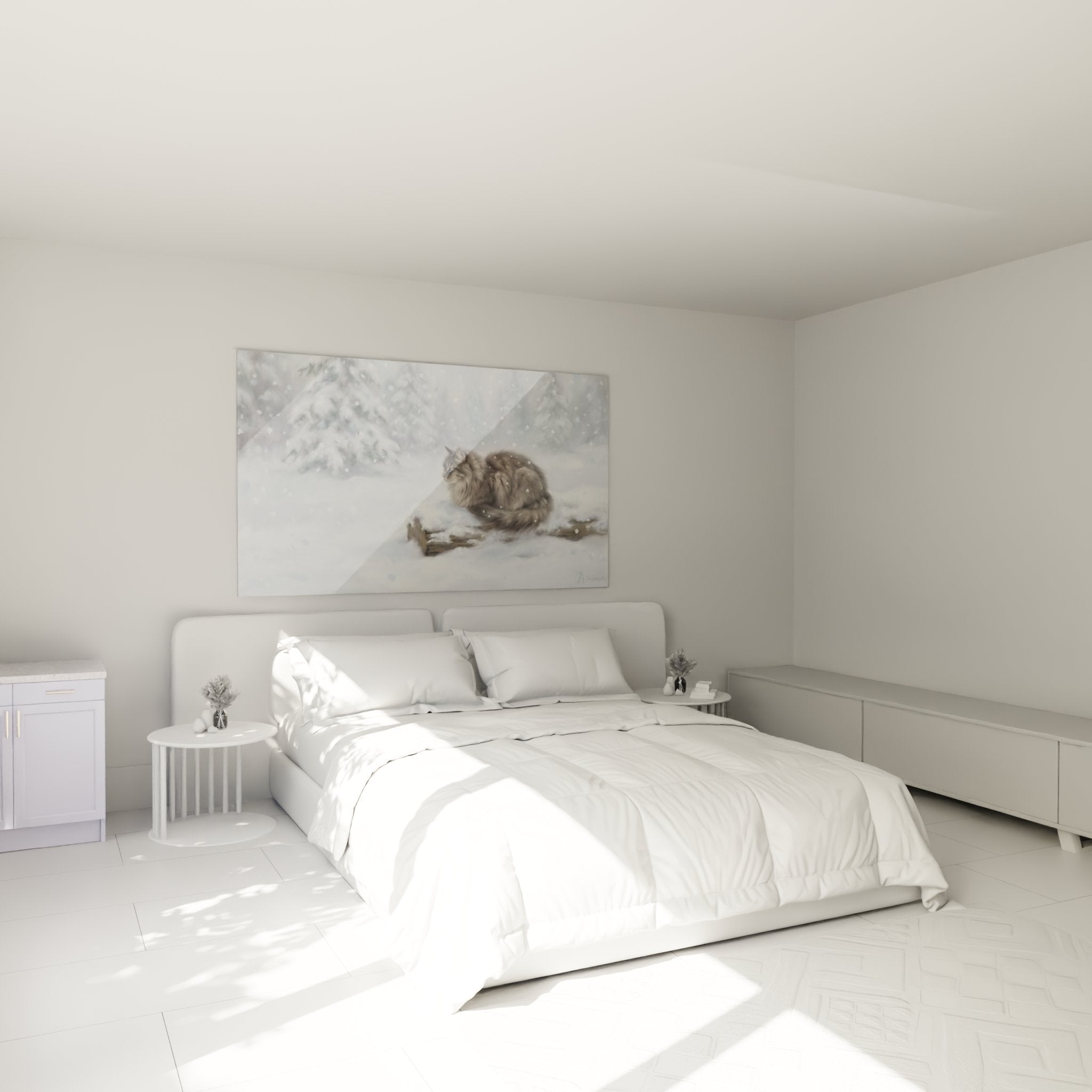 Wanddekoration Schlafzimmer mit Bild Katze Norwegian Forest Cat in Winterszene Schnee Tannen Hintergrund
