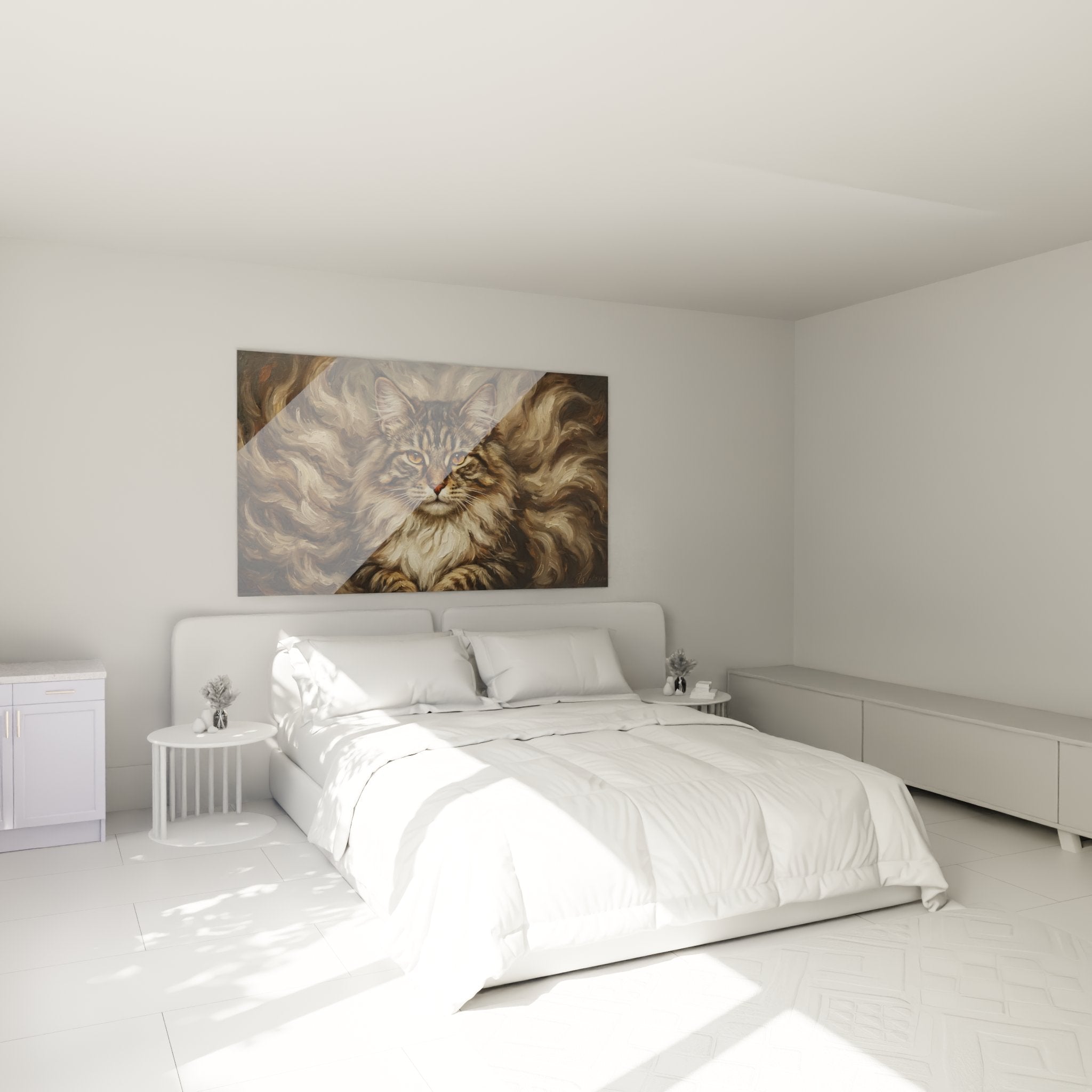 Tableau Norwegian Forest Cat majestueux décorant élégamment une chambre moderne aux tons naturels