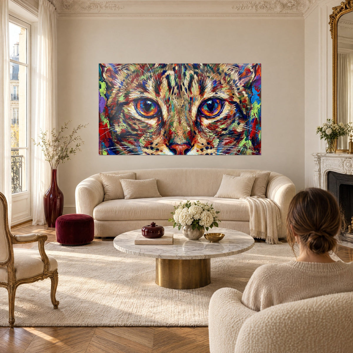 Gemälde Ocicat-Katze mit bernsteinfarbenen und violetten Augen, Fell in roten und grünen Tupfen gemalt, über einem Sofa in einem hellen Wohnzimmer