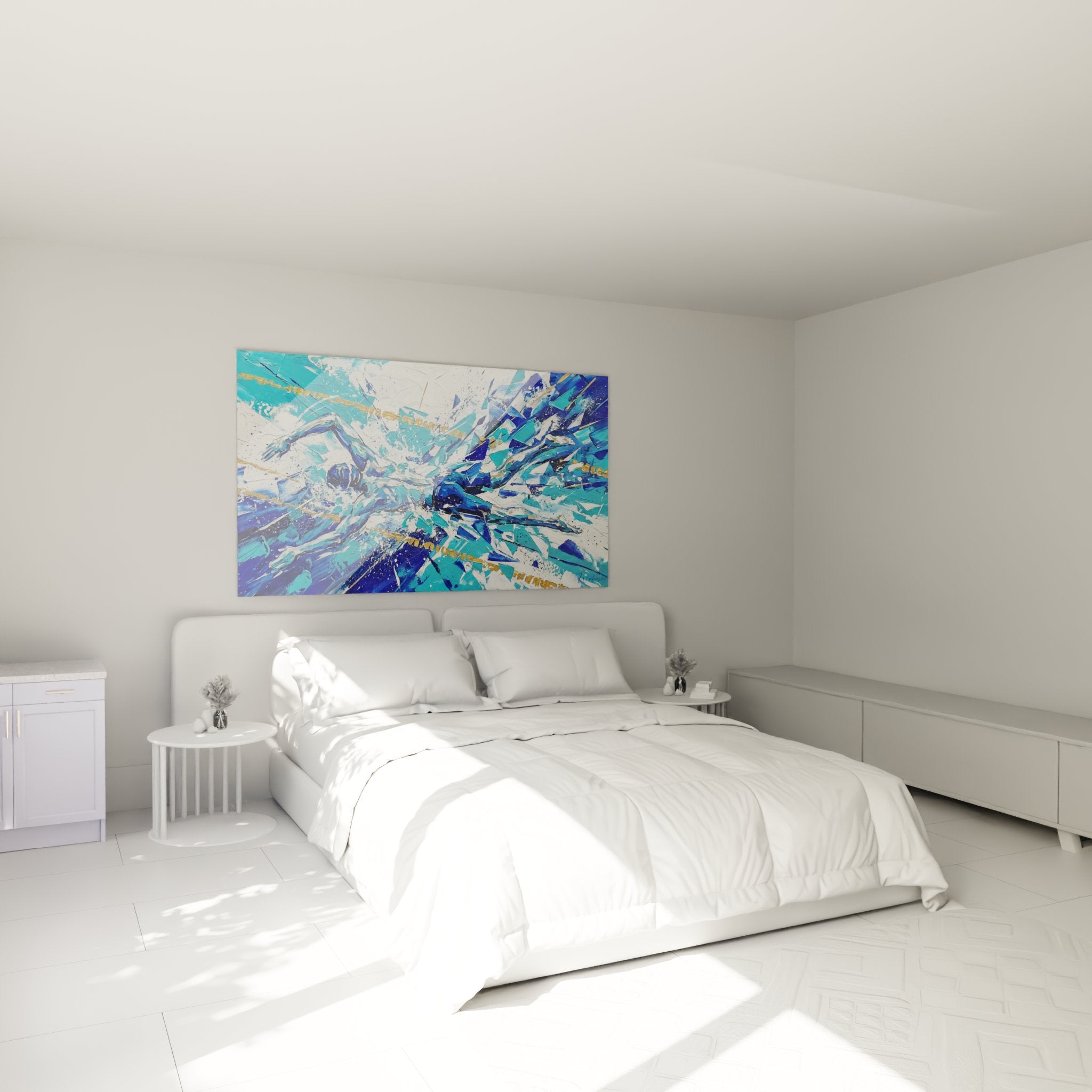 Decoration murale natation abstraite chambre ambiance aquatique tableau bleu moderne design contemporain