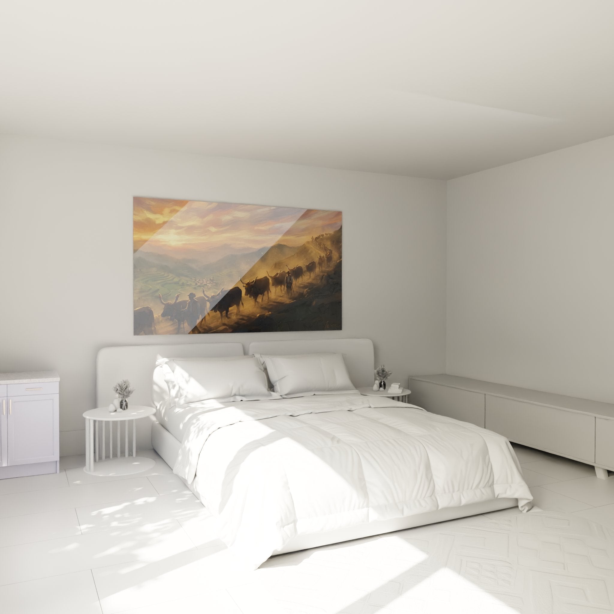 Decorazione murale camera da letto scena pastorale pastori yak Alpi atmosfera calda tramonto