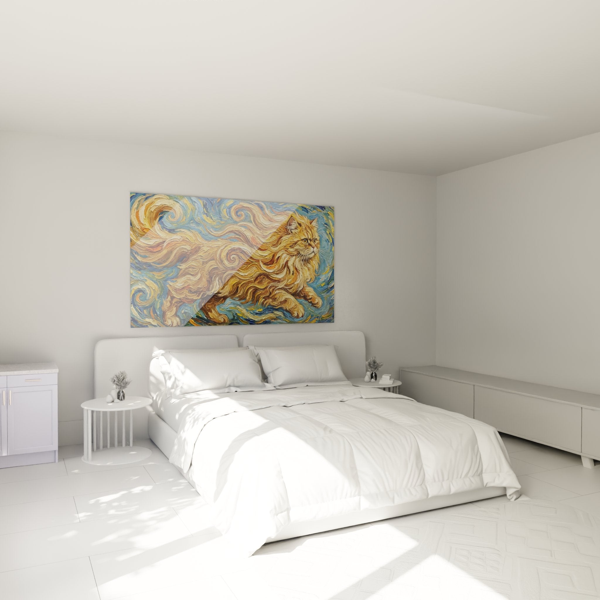 Persian cat Van Gogh painting in modern bedroom, elegant and artistic feline wall decoration