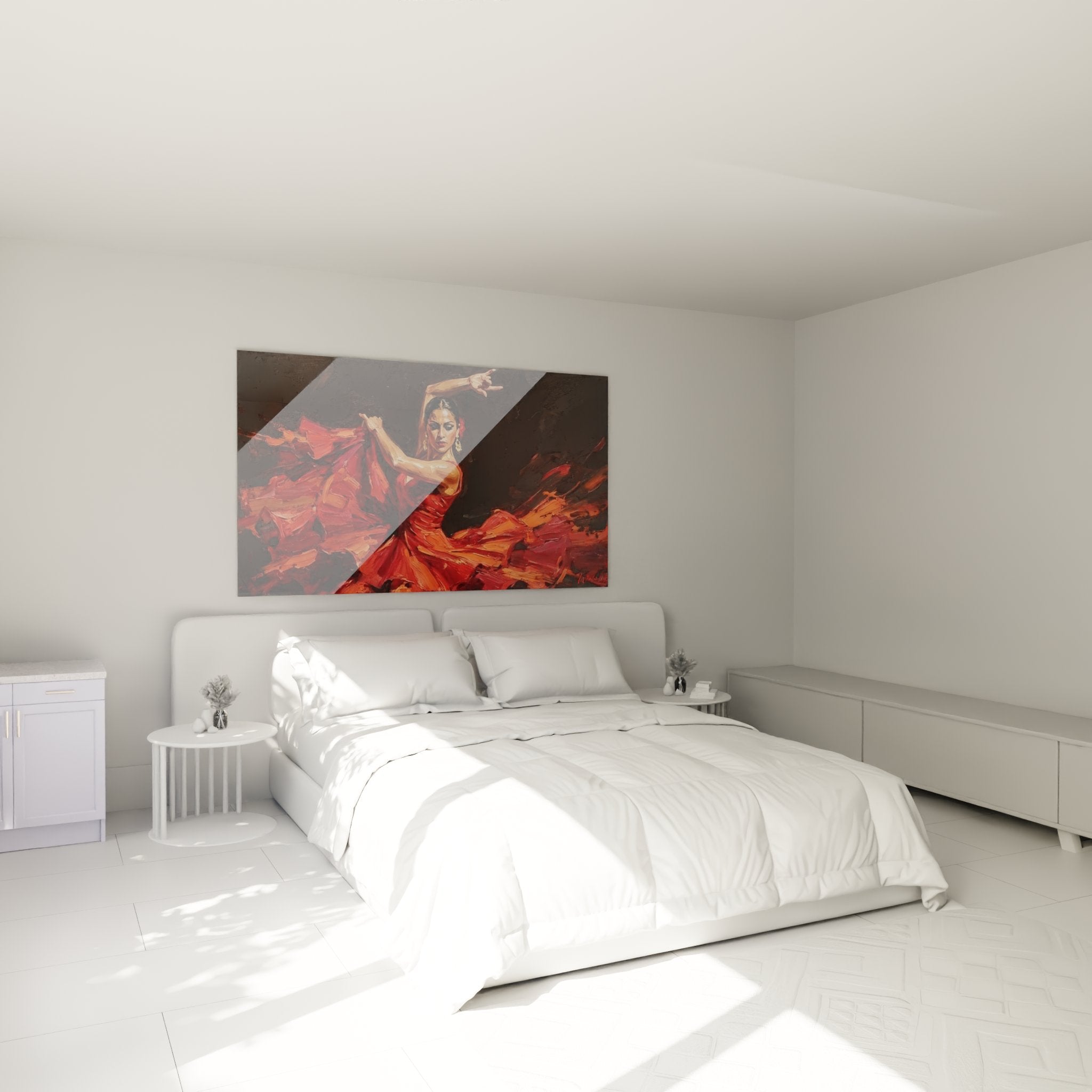 Decorazione camera da letto con quadro ballerina flamenco rosso, atmosfera calda arte murale