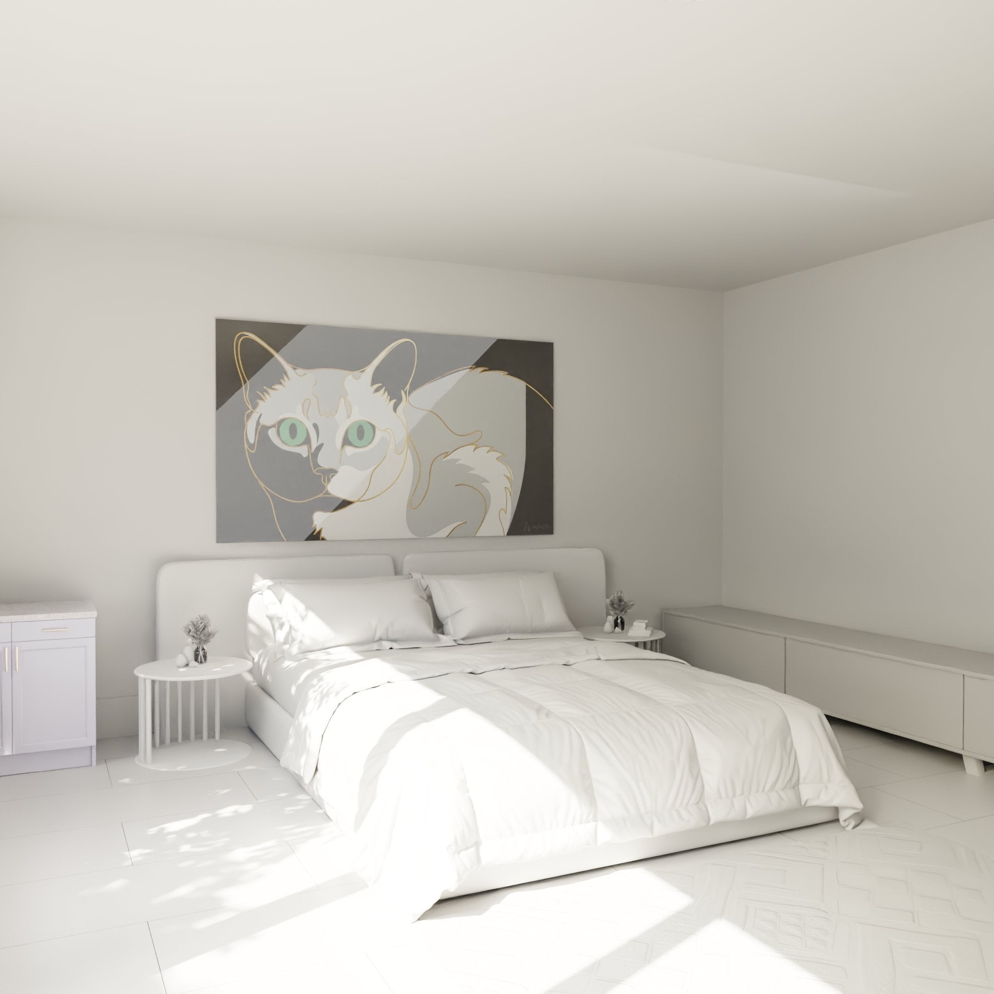 Tableau chat Burmilla portrait décoratif installé dans chambre moderne ambiance cosy