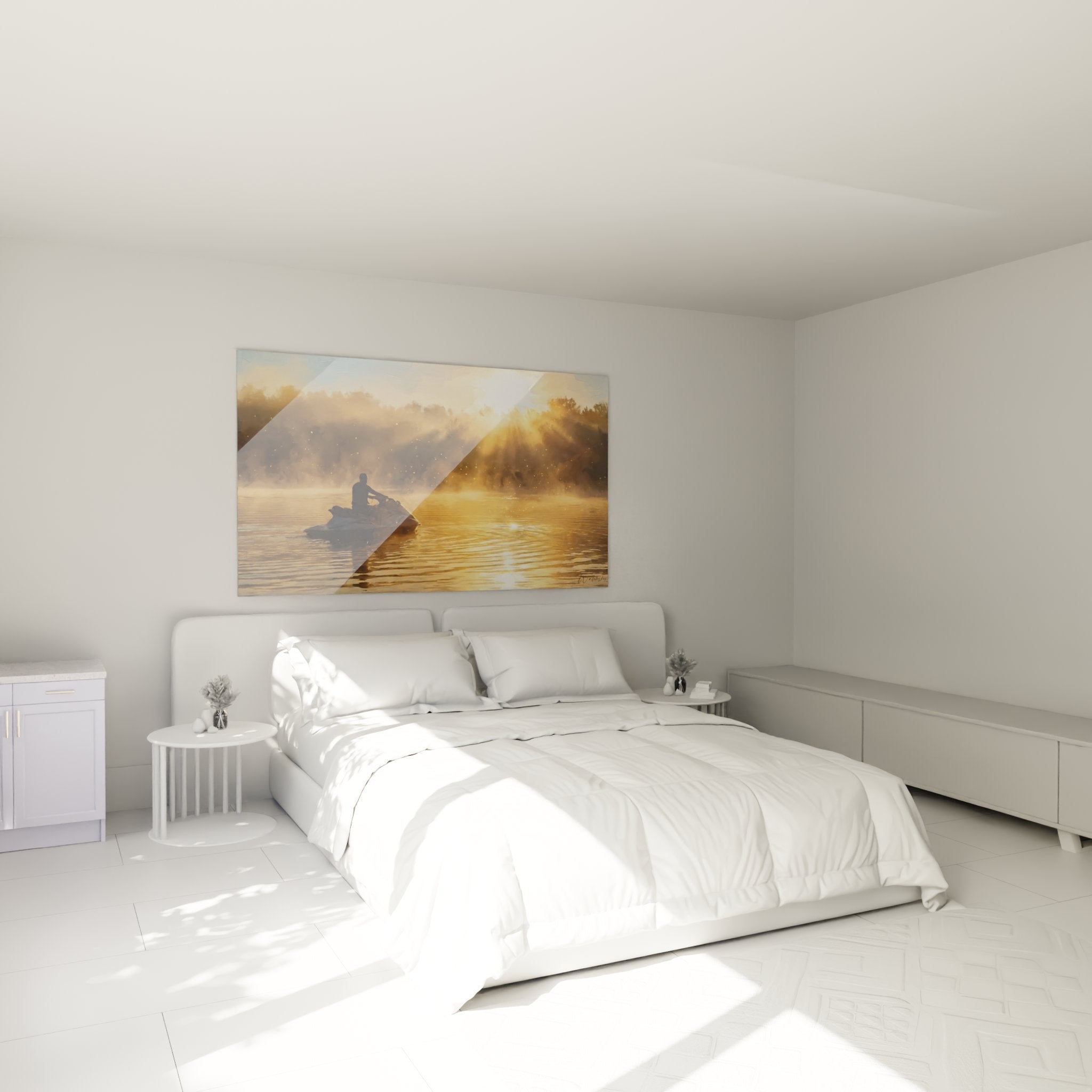 Tableau jetski coucher soleil dans chambre moderne avec décoration murale élégante et atmosphère chaleureuse
