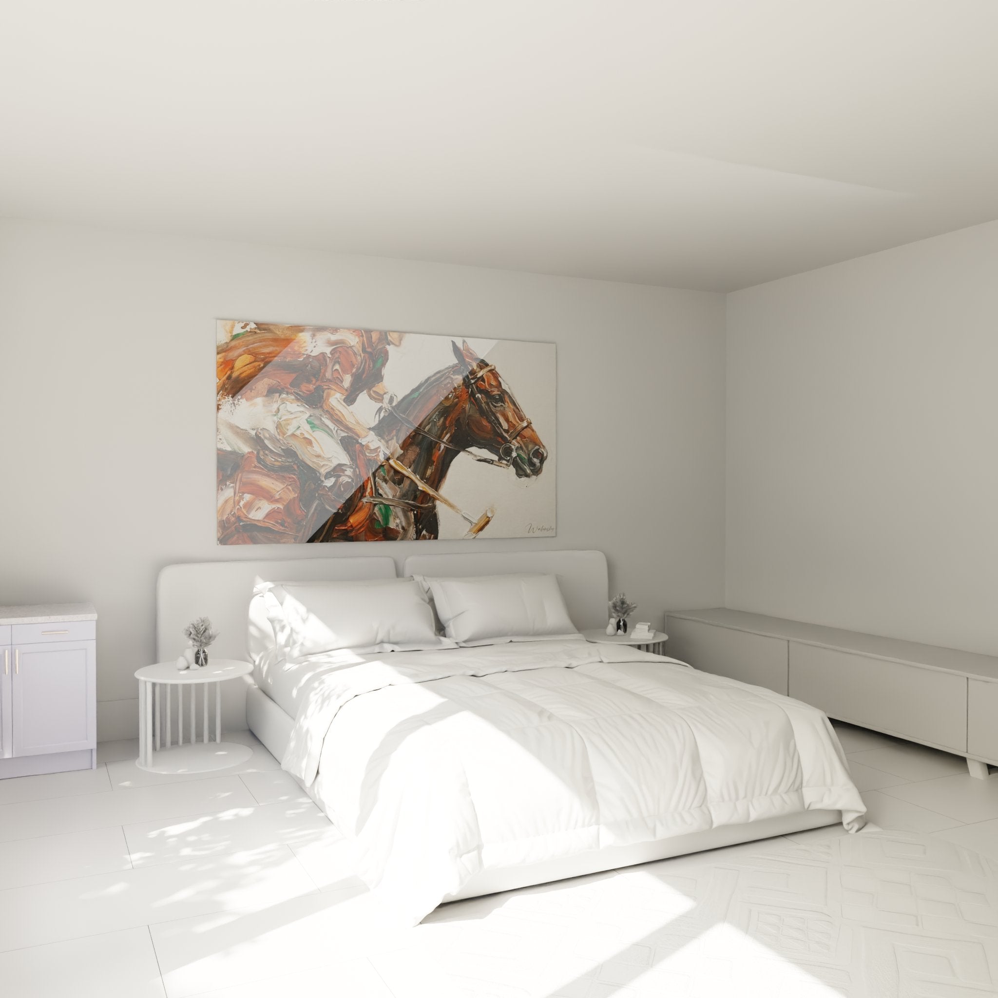 Décoration chambre avec tableau cheval de polo, art équestre moderne pour intérieur élégant