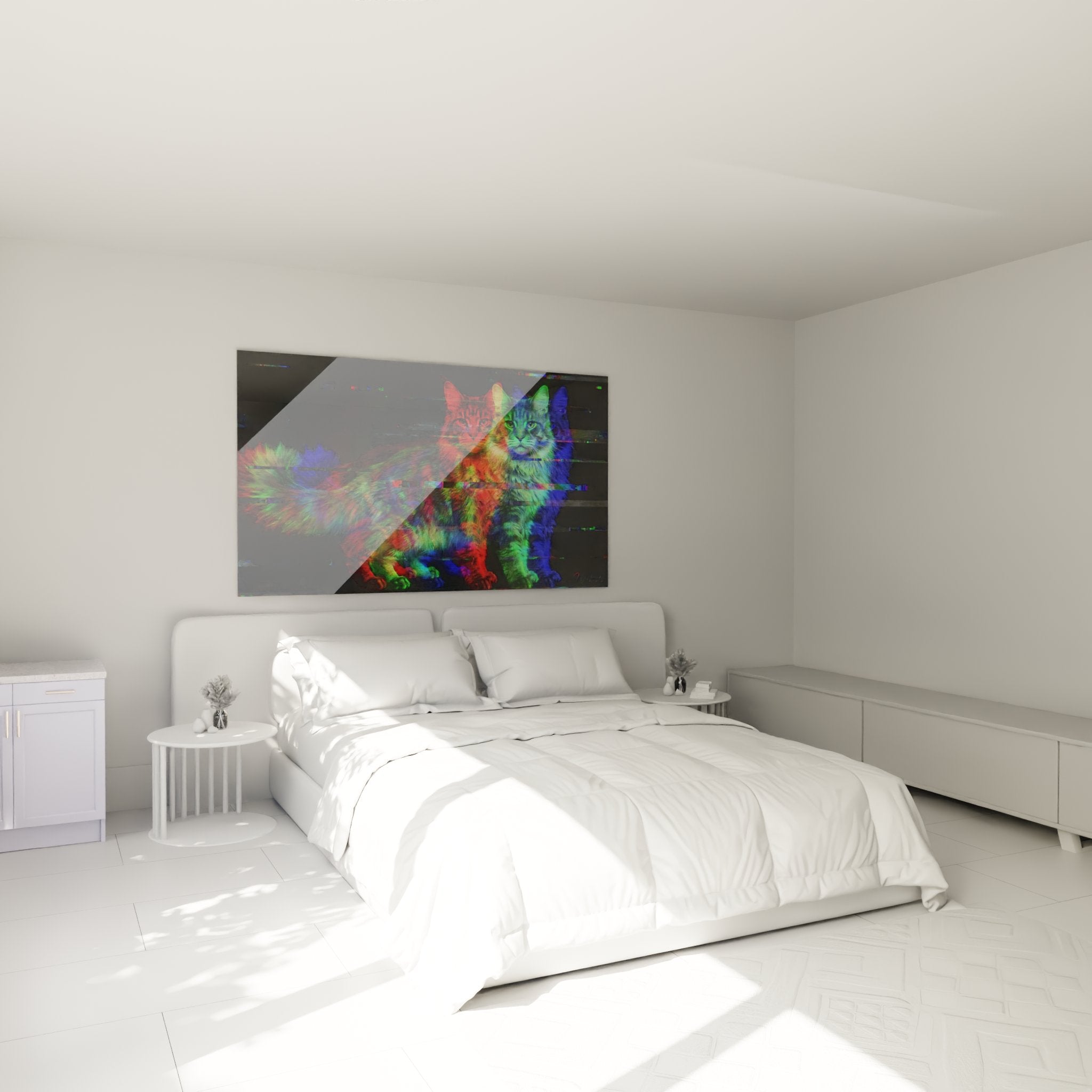 Schlafzimmer-Dekoration Maine Coon Katze Gemälde Glitch Art lebendige Farben modernes futuristisches Ambiente
