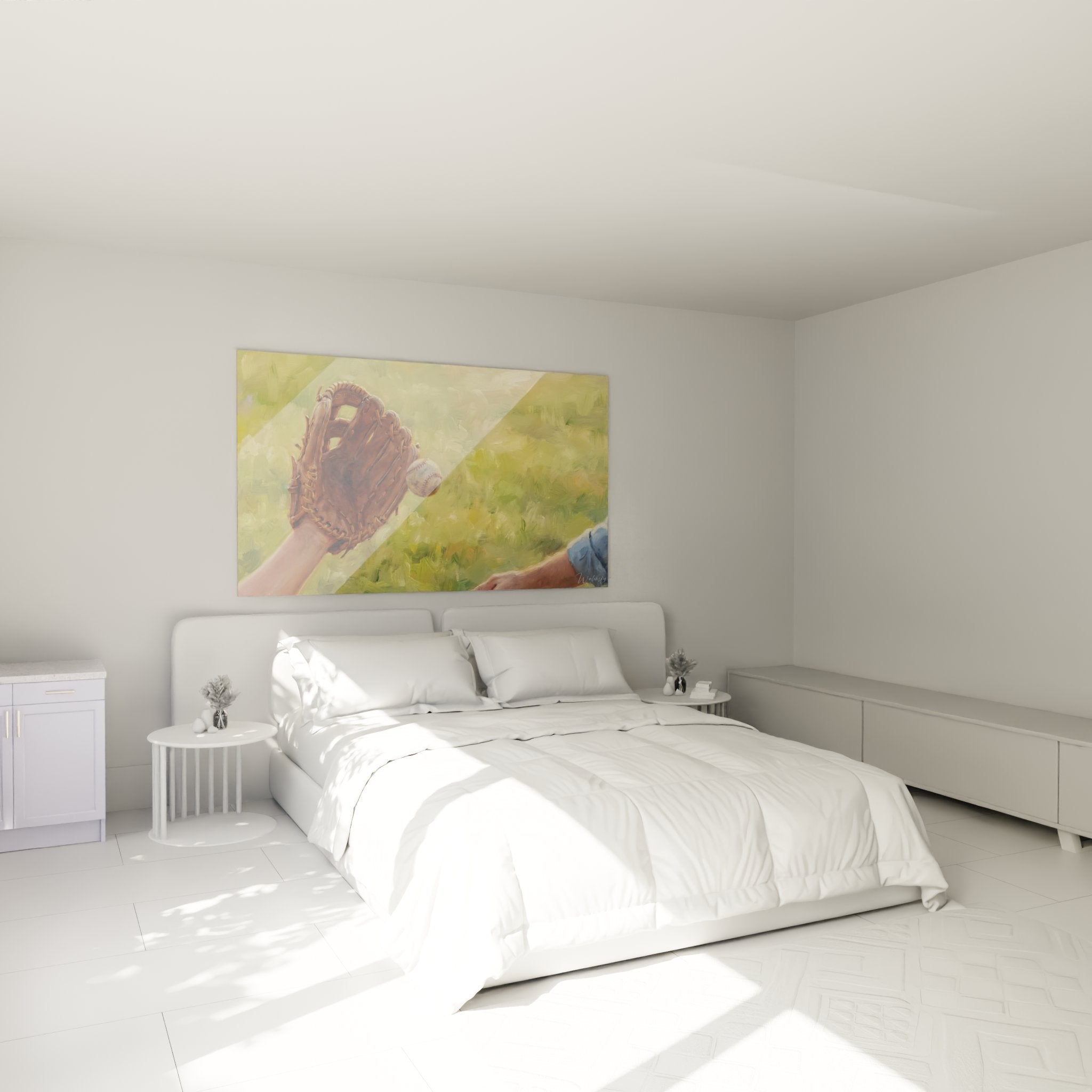 Decoration murale baseball dans chambre moderne avec tableau gant de cuir et balle de sport americain